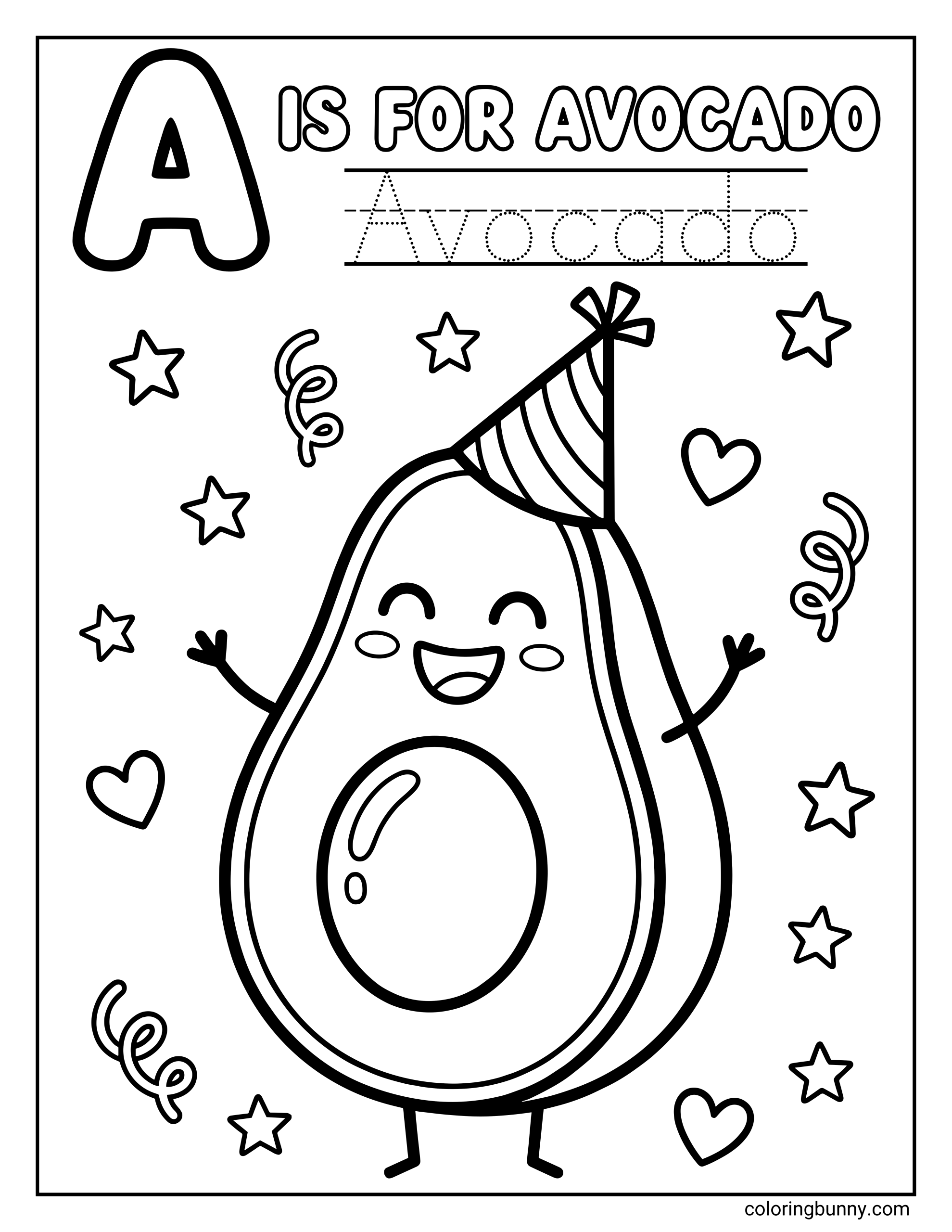 Letter A coloring page featuring a cute smiling avocado wearing a party hat, surrounded by stars, hearts, and streamers. The page includes the text “A is for Avocado” at the top, a large uppercase letter A, and a dotted tracing line to practice writing the word “Avocado.”
