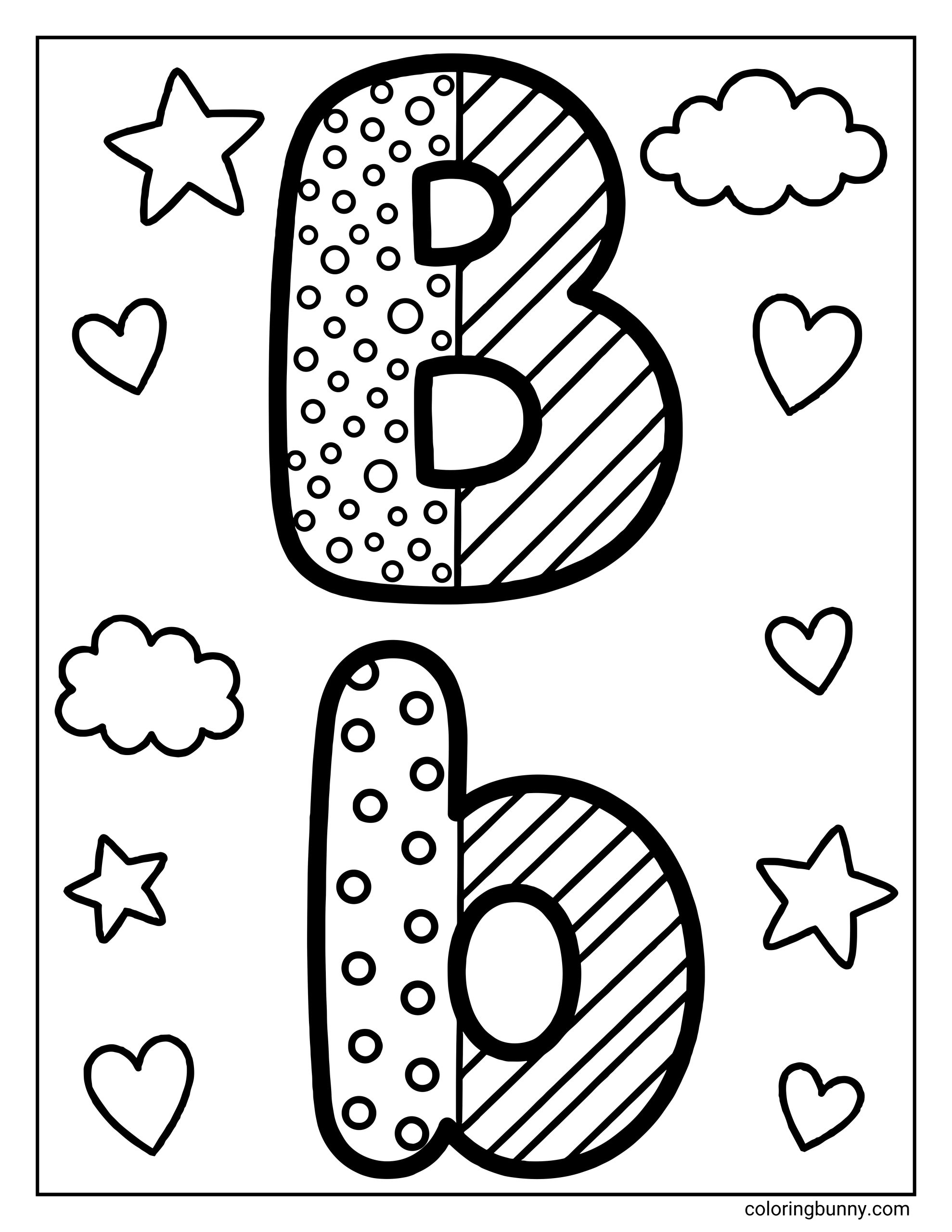 Letter B coloring page featuring a large patterned capital B and a lowercase b. The letters are decorated with dots and stripes, surrounded by hearts, stars, and clouds for extra visual interest.