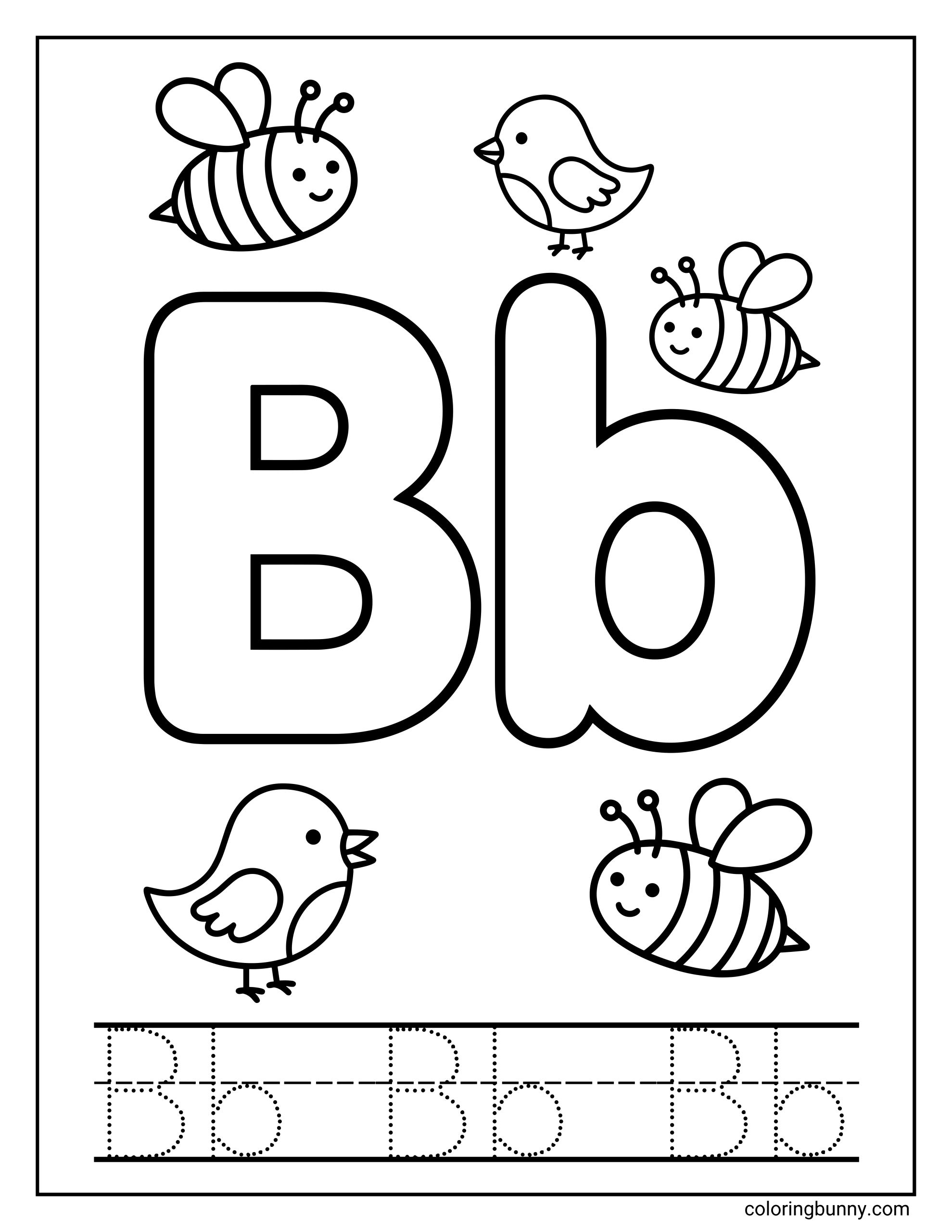 Letter B coloring page featuring a large uppercase and lowercase B surrounded by cute bees and birds, with dotted tracing lines to practice writing both forms of the letter.