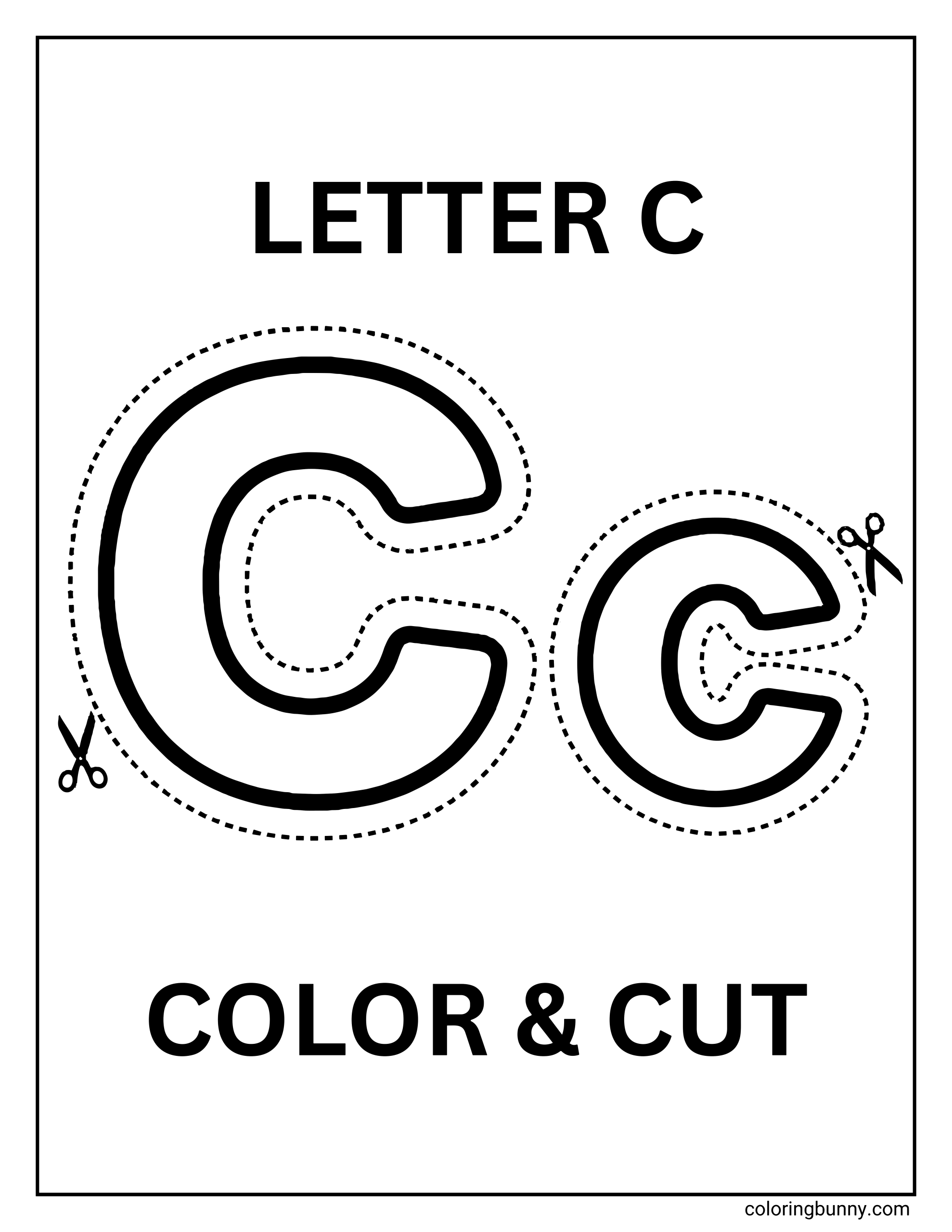 A Letter C color-and-cut activity page featuring a large uppercase C and a smaller lowercase c with bold outlines and dotted cutting guides.