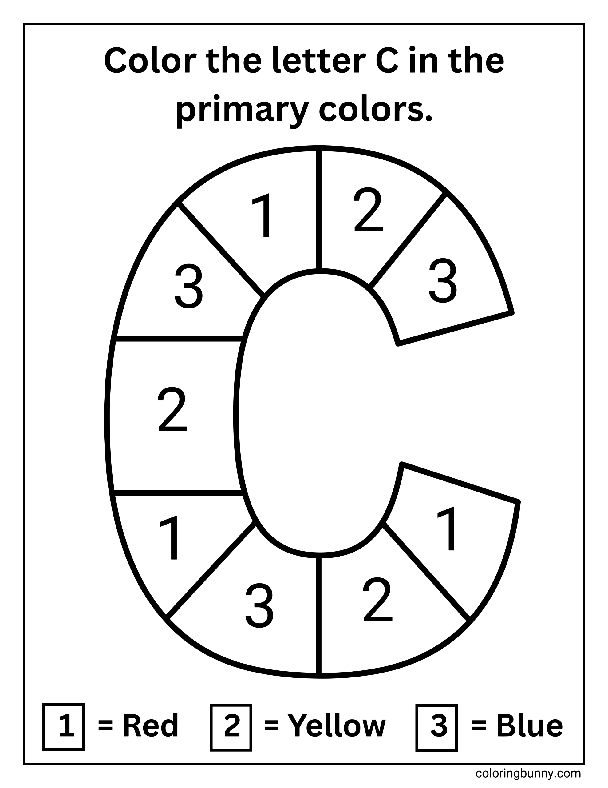 A Letter C color-by-number coloring page featuring a large segmented capital C divided into nine numbered sections. Instructions are given to color each section using primary colors based on the key provided - 1 = red, 2 = yellow, and 3 = blue.