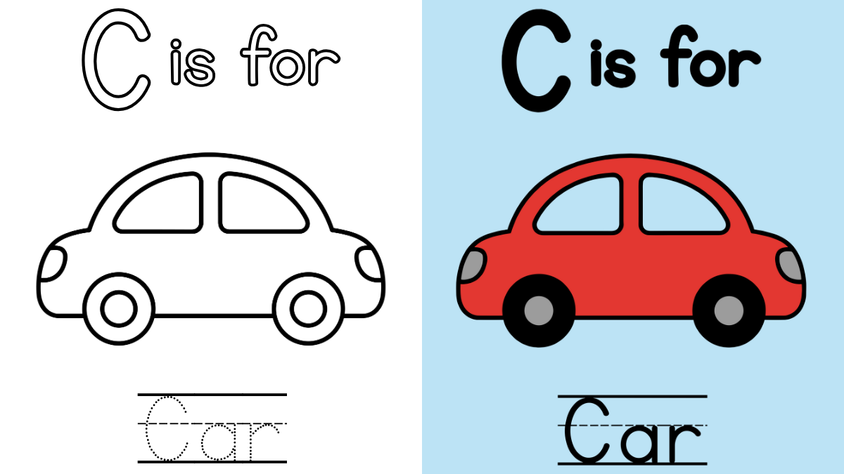 Letter C Coloring Pages with a red car and tracing 'Car' letters