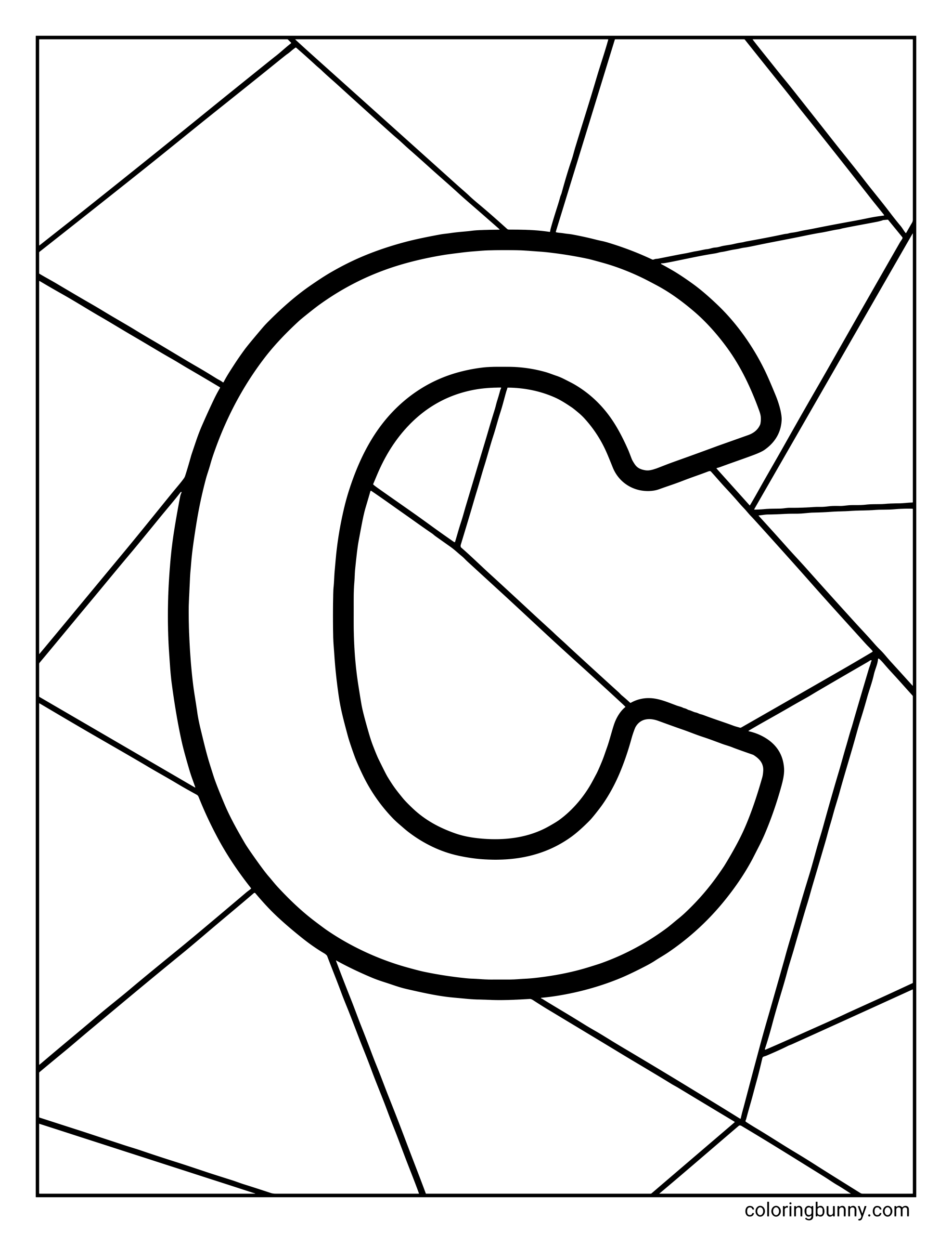 A Letter C coloring page featuring a large bold capital C placed over a geometric background made of intersecting shapes and lines. The abstract design encourages creative color choices.