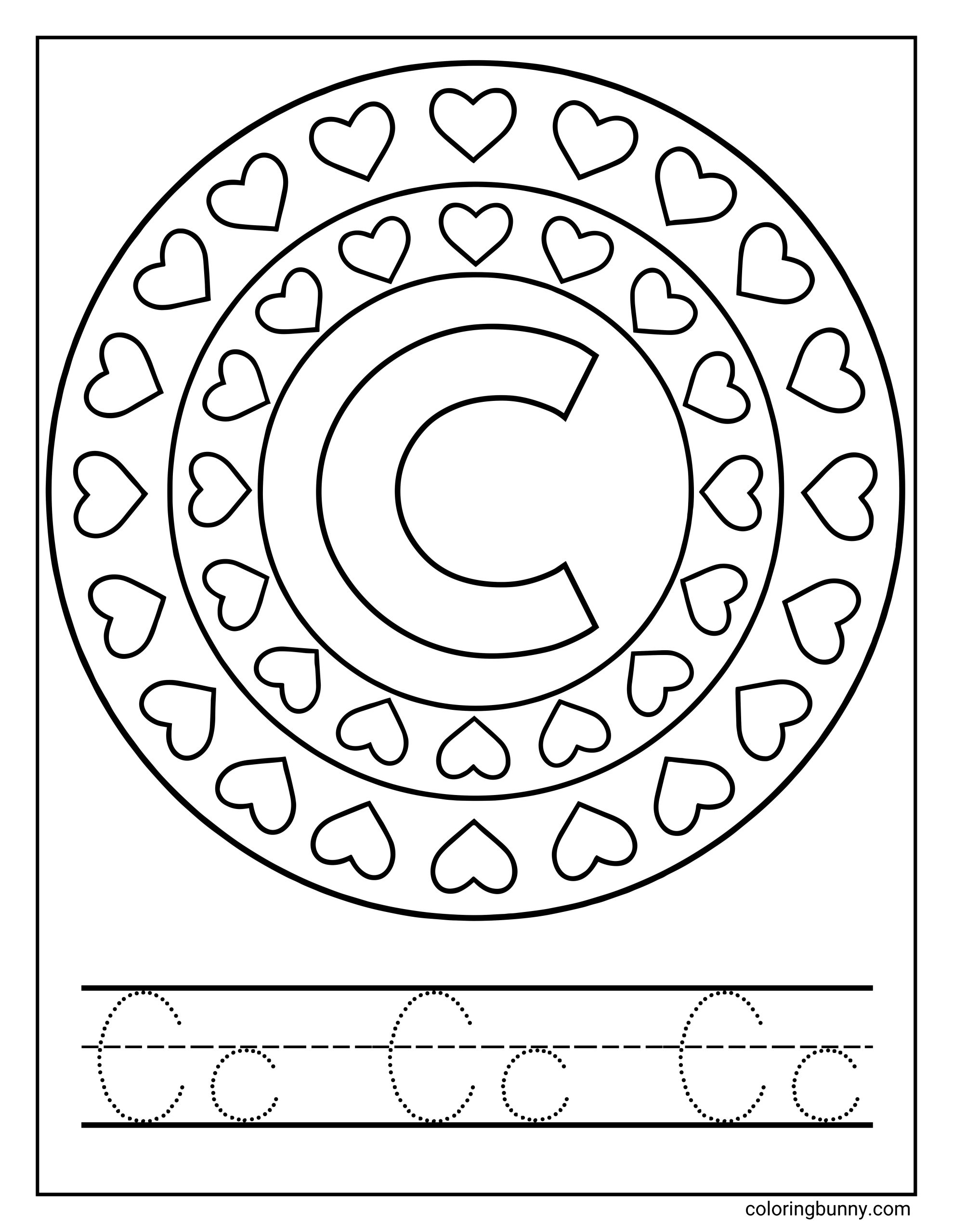 A decorative Letter C coloring page designed as a circular mandala filled with repeating heart shapes. The capital letter C sits in the center, with dotted tracing lines for uppercase and lowercase C below, combining calming pattern coloring with early letter recognition practice.
