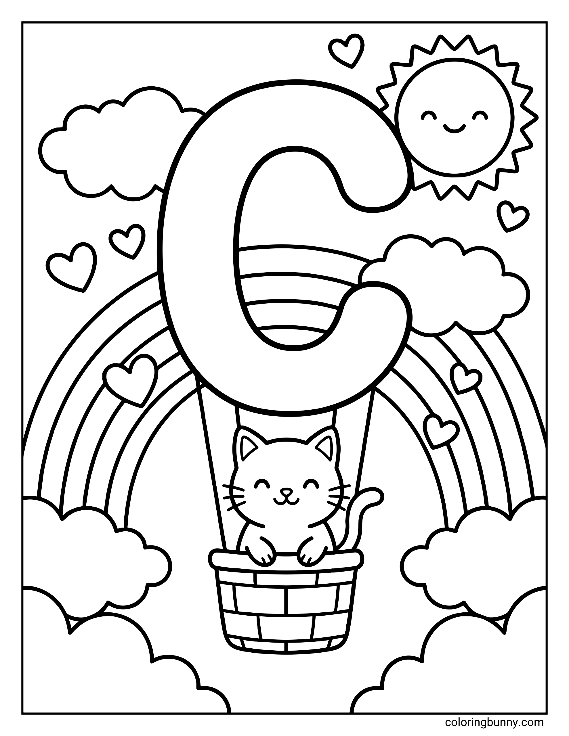 A whimsical Letter C coloring page featuring a large capital C shaped like a hot air balloon floating in the sky. A cute cat sits in the basket below, surrounded by fluffy clouds, rainbows, hearts, and a smiling sun, creating a playful scene that combines letter recognition with imaginative coloring fun.