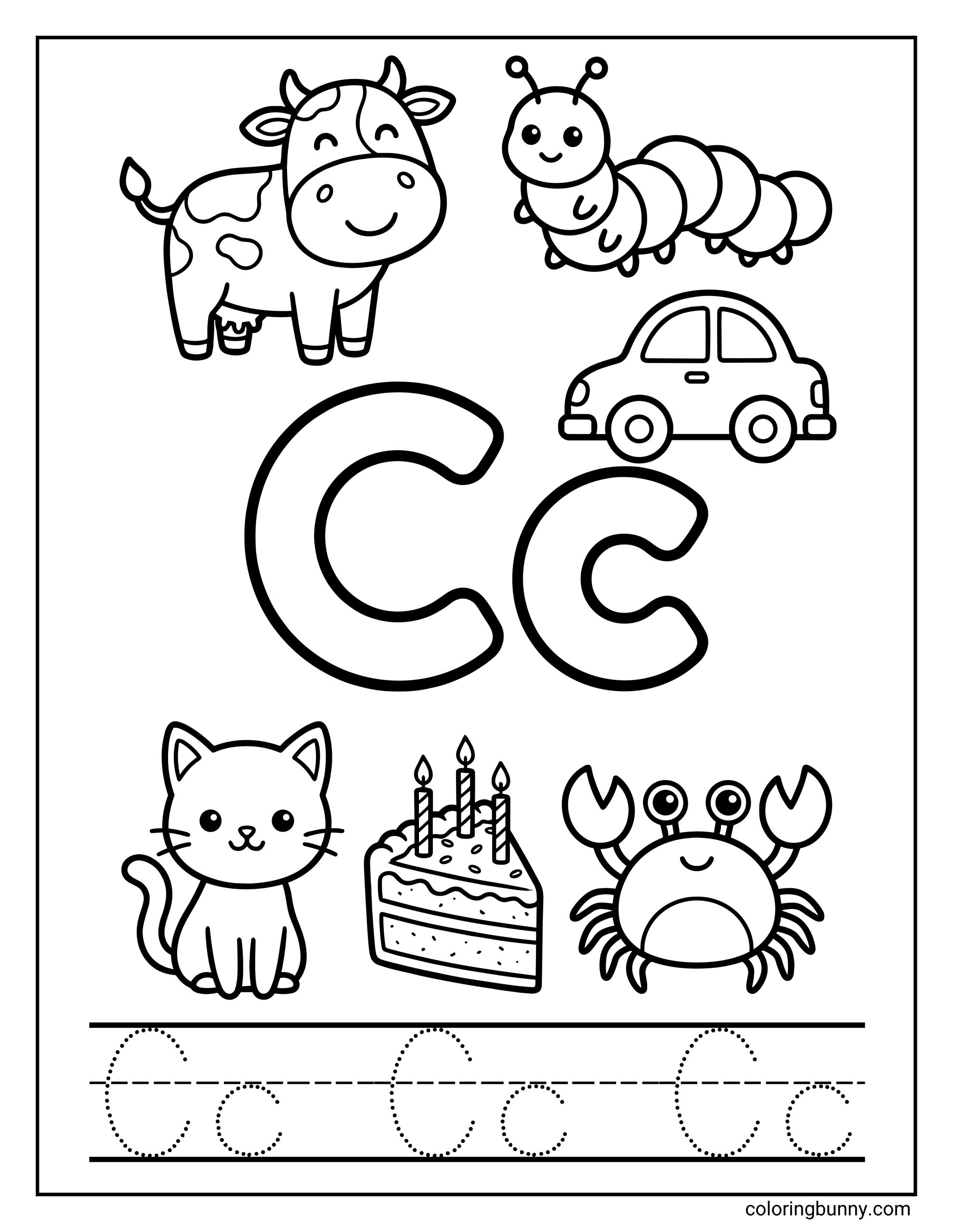 A Letter C coloring page featuring both a large uppercase C and a lowercase c in the center of the page. Surrounding the letters are simple illustrations of common C words, including a cow, caterpillar, car, cat, cake, and crab, with dotted tracing lines at the bottom to help children practice forming uppercase and lowercase C.