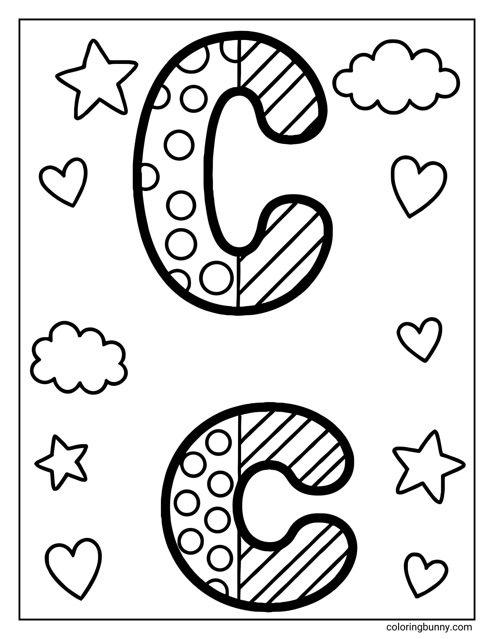A Letter C coloring page featuring a patterned uppercase C at the top and a matching lowercase c at the bottom. Each letter is decorated with dots and stripes, surrounded by stars, hearts, and clouds, encouraging creative coloring while reinforcing uppercase and lowercase letter recognition.