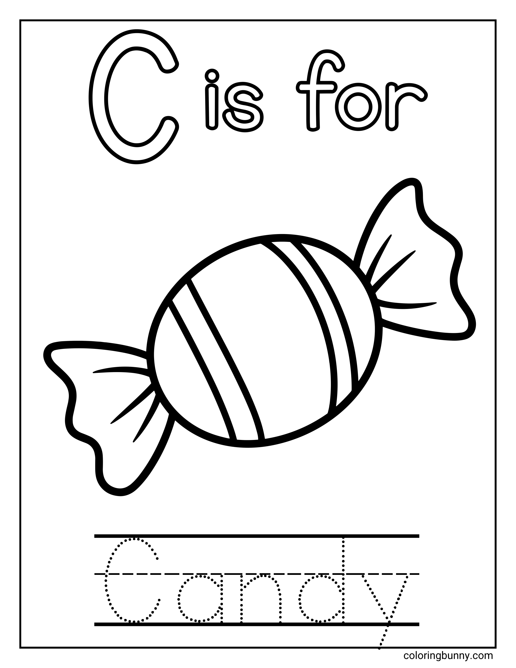 A Letter C coloring page featuring the phrase “C is for” above a simple illustration of a wrapped piece of candy. Dotted tracing lines spell the word “Candy” at the bottom, helping children connect the letter C with a familiar treat.