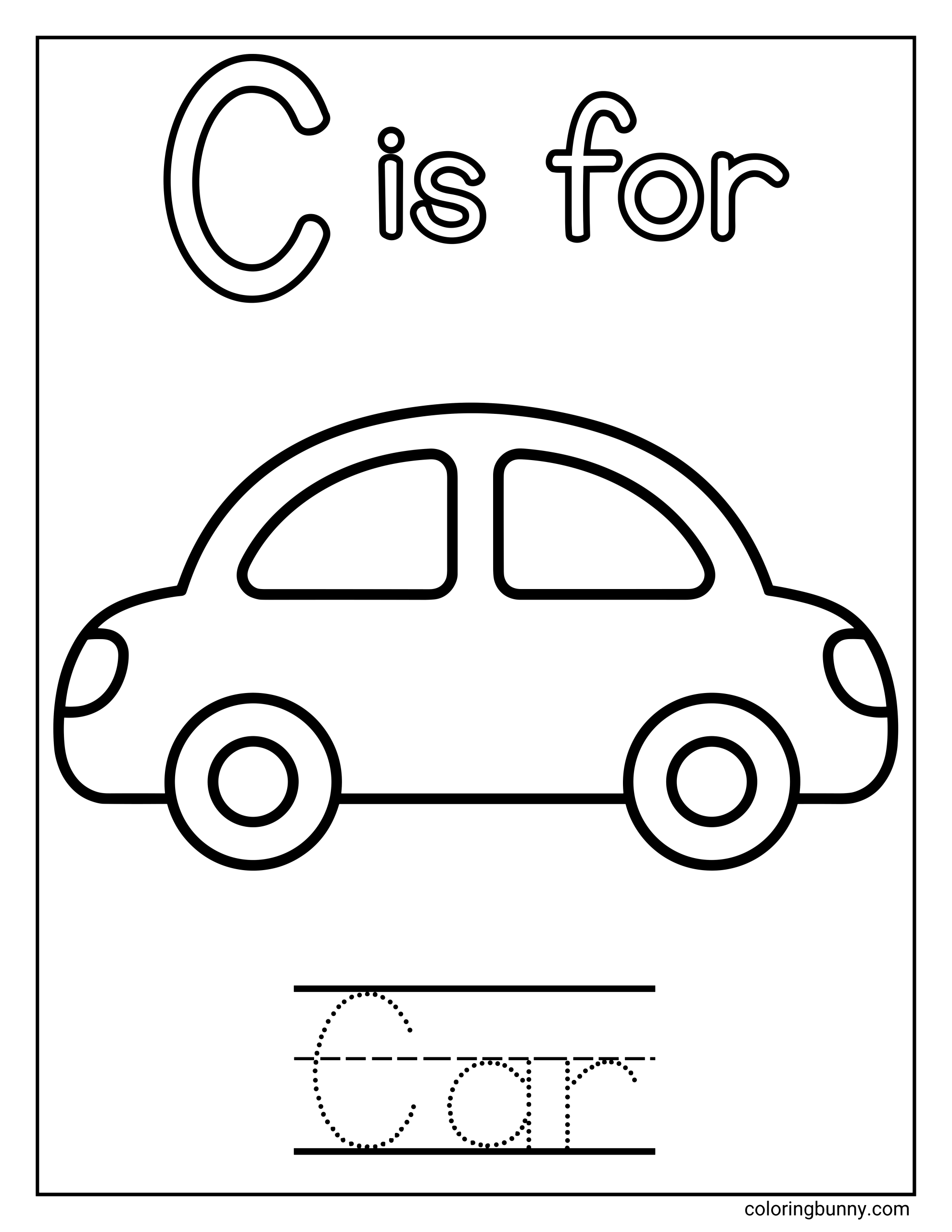 A Letter C coloring page featuring the phrase “C is for” above a large, simple outline of a car centered on the page. Below the illustration, dotted tracing lines spell the word “Car,”.
