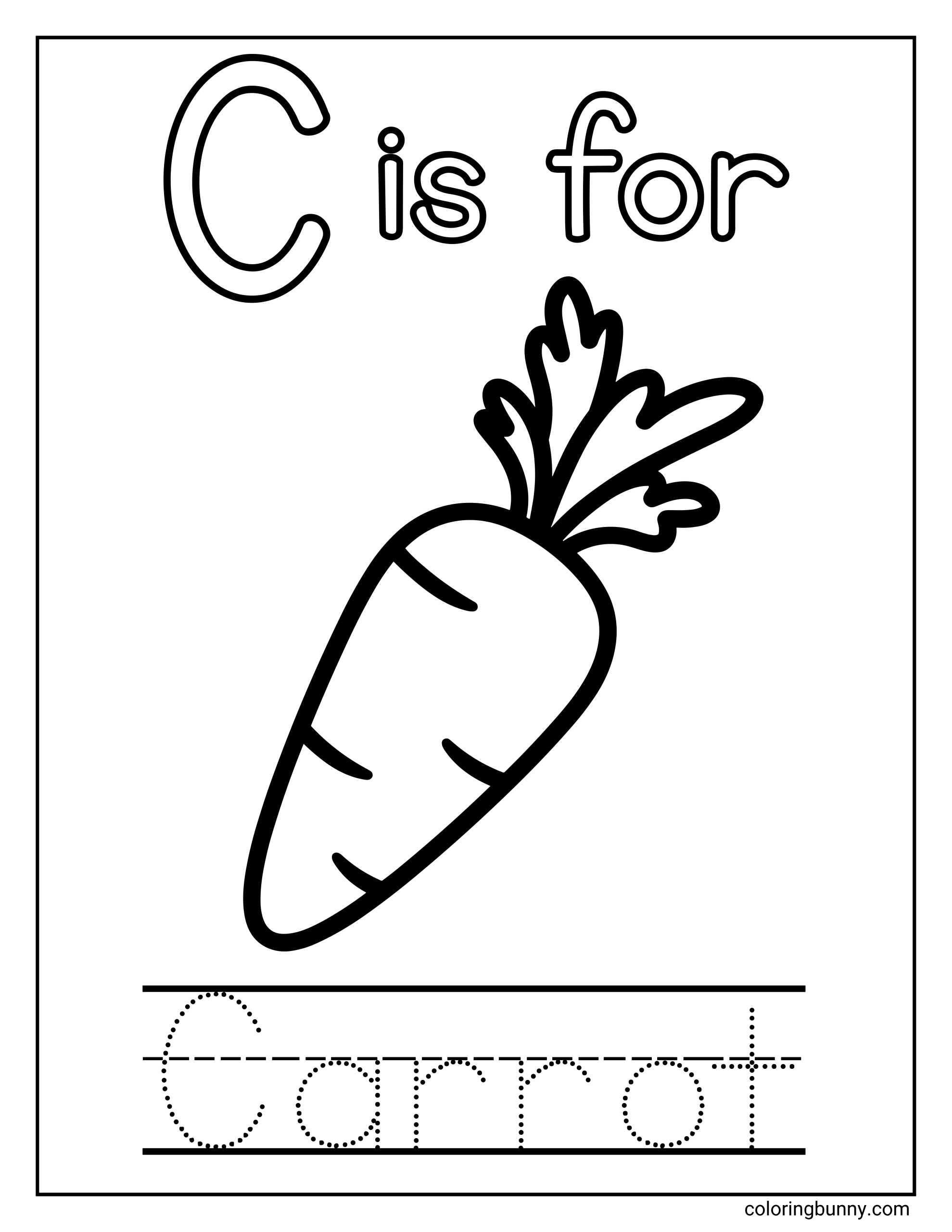 A Letter C coloring page featuring the phrase “C is for” above a simple illustration of a carrot with leafy tops. At the bottom of the page, dotted tracing lines spell the word “Carrot,” helping children connect the letter C with a familiar vegetable.