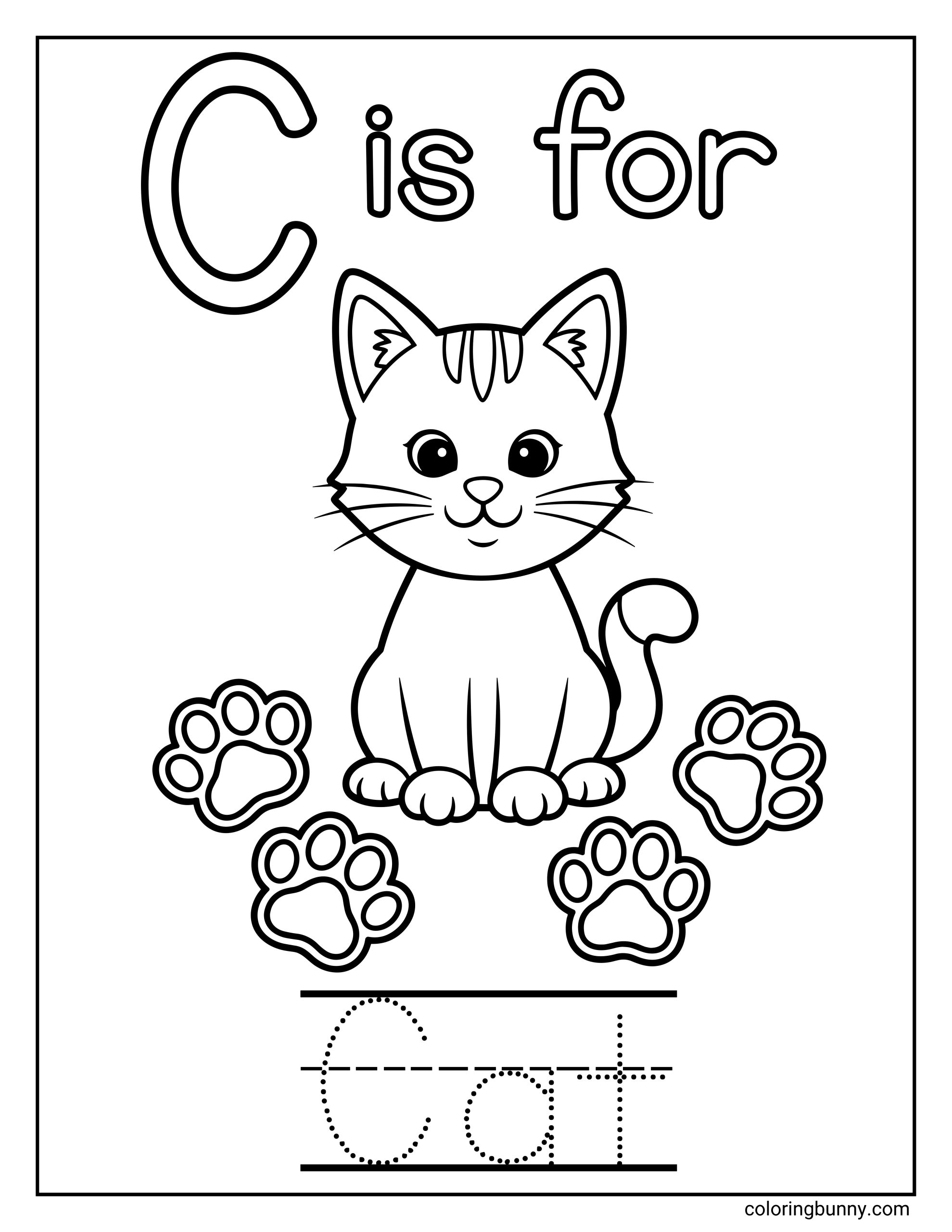 A Letter C coloring page featuring a large uppercase C with the words “C is for” and a cute, smiling cat sitting in the center of the page. Paw prints surround the cat, and dotted tracing lines for the word “Cat” appear at the bottom.
