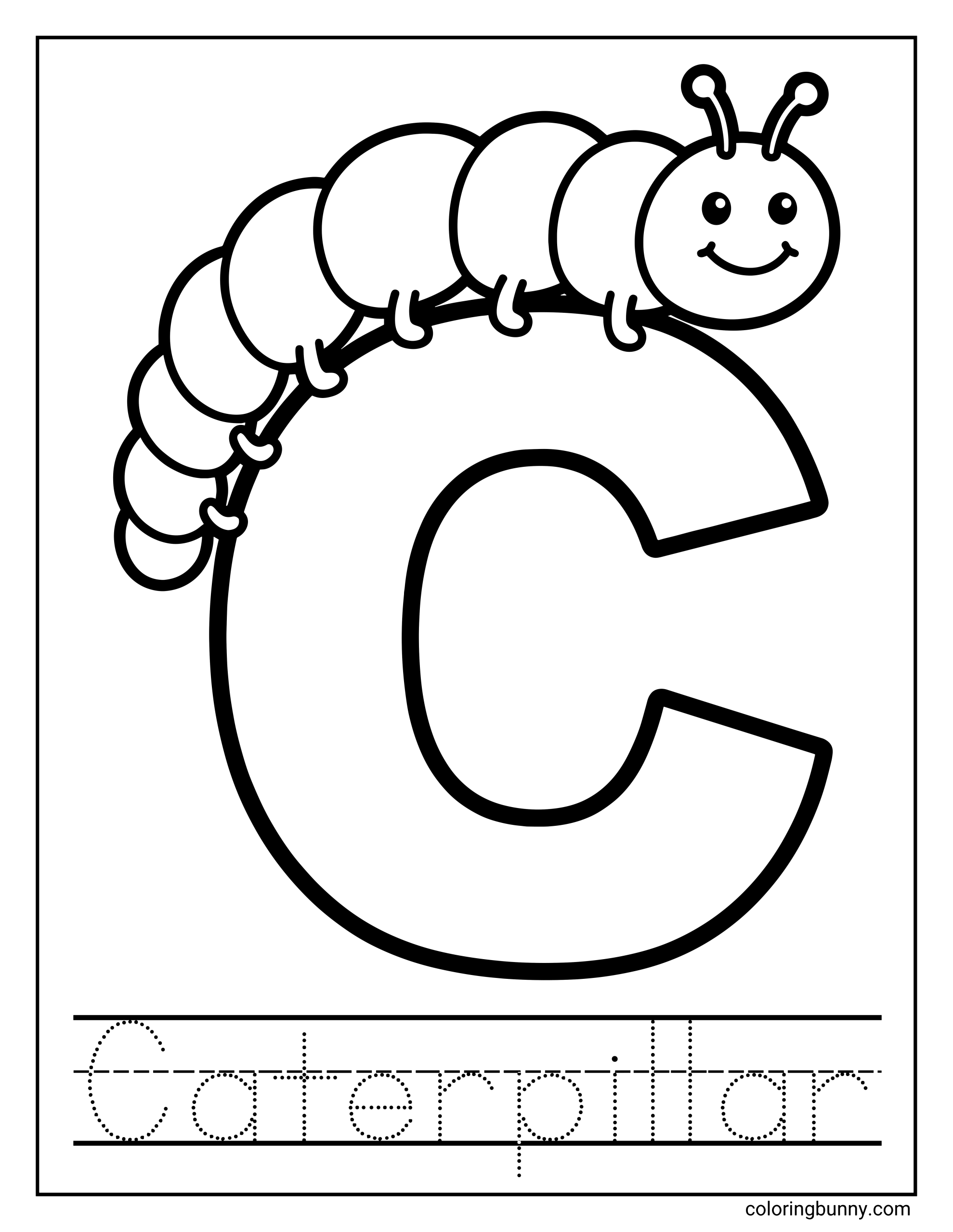 A Letter C coloring page featuring a large capital C with a smiling caterpillar crawling along the top of the letter. Below the illustration, dotted tracing lines spell the word “Caterpillar,”.