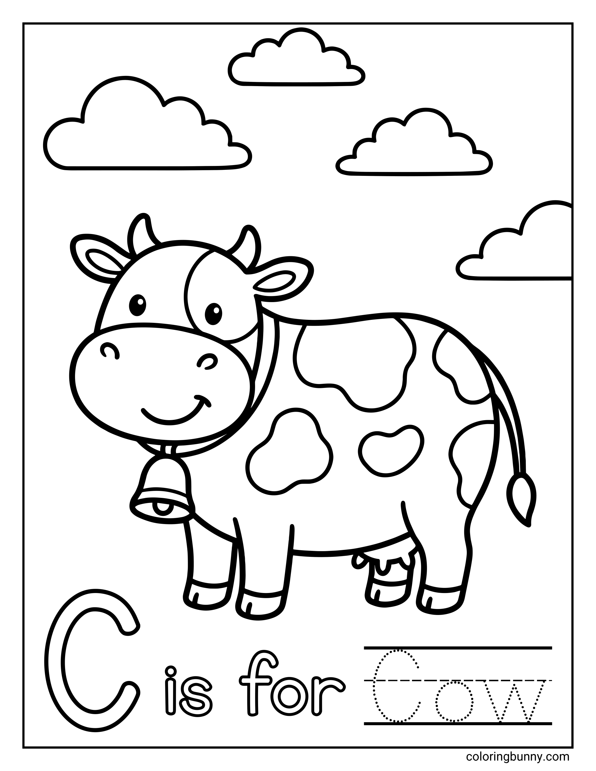 A Letter C coloring page featuring a friendly cartoon cow standing under fluffy clouds, with the phrase “C is for” shown at the bottom of the page. Dotted tracing lines spell the word “Cow,” helping children practice connecting the letter C to a familiar farm animal.