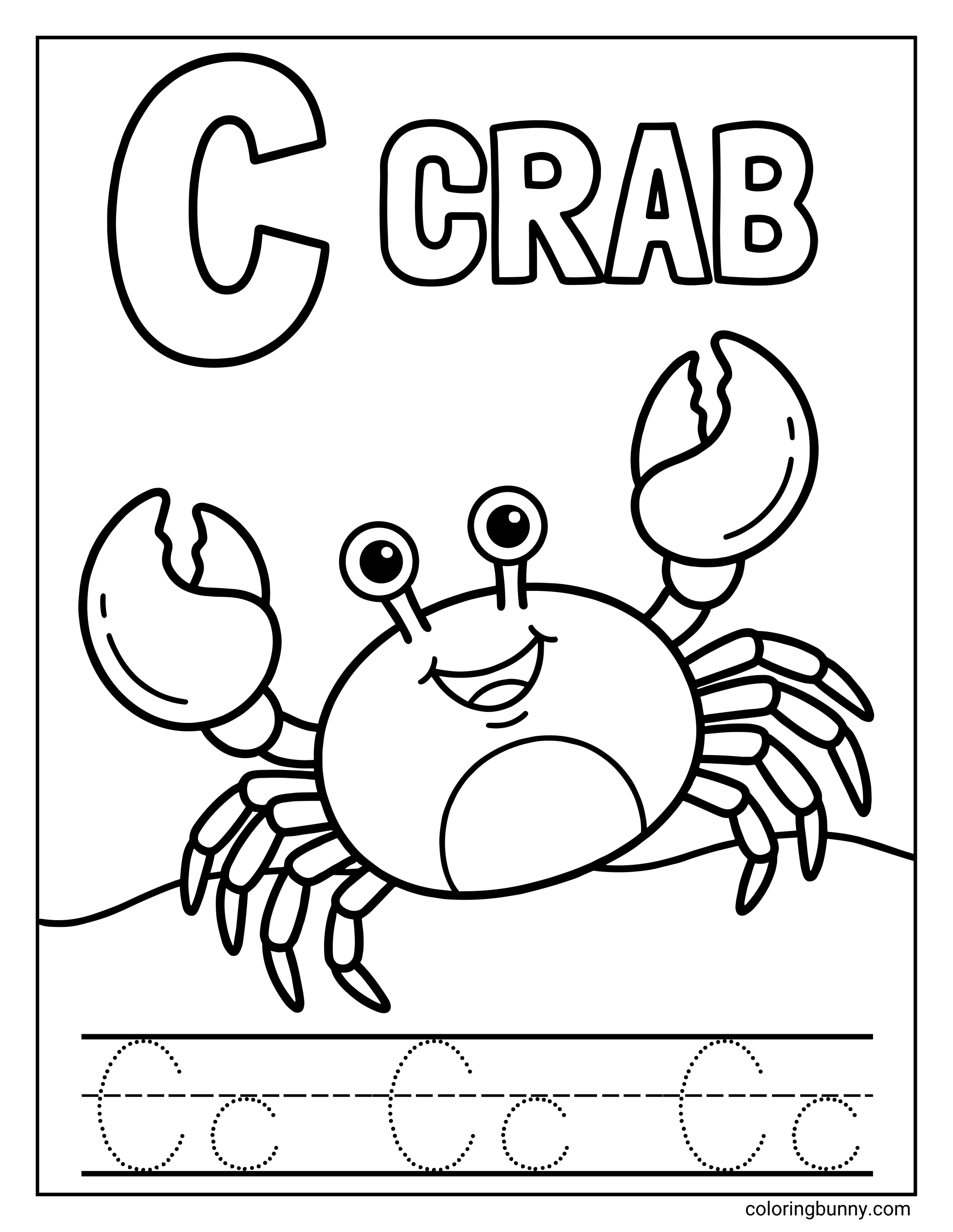 A Letter C coloring page featuring a large capital C with the word “Crab” written beside it at the top of the page. A cheerful cartoon crab with raised claws is shown below, along with dotted tracing lines for both uppercase and lowercase C to help children practice letter recognition and handwriting skills.