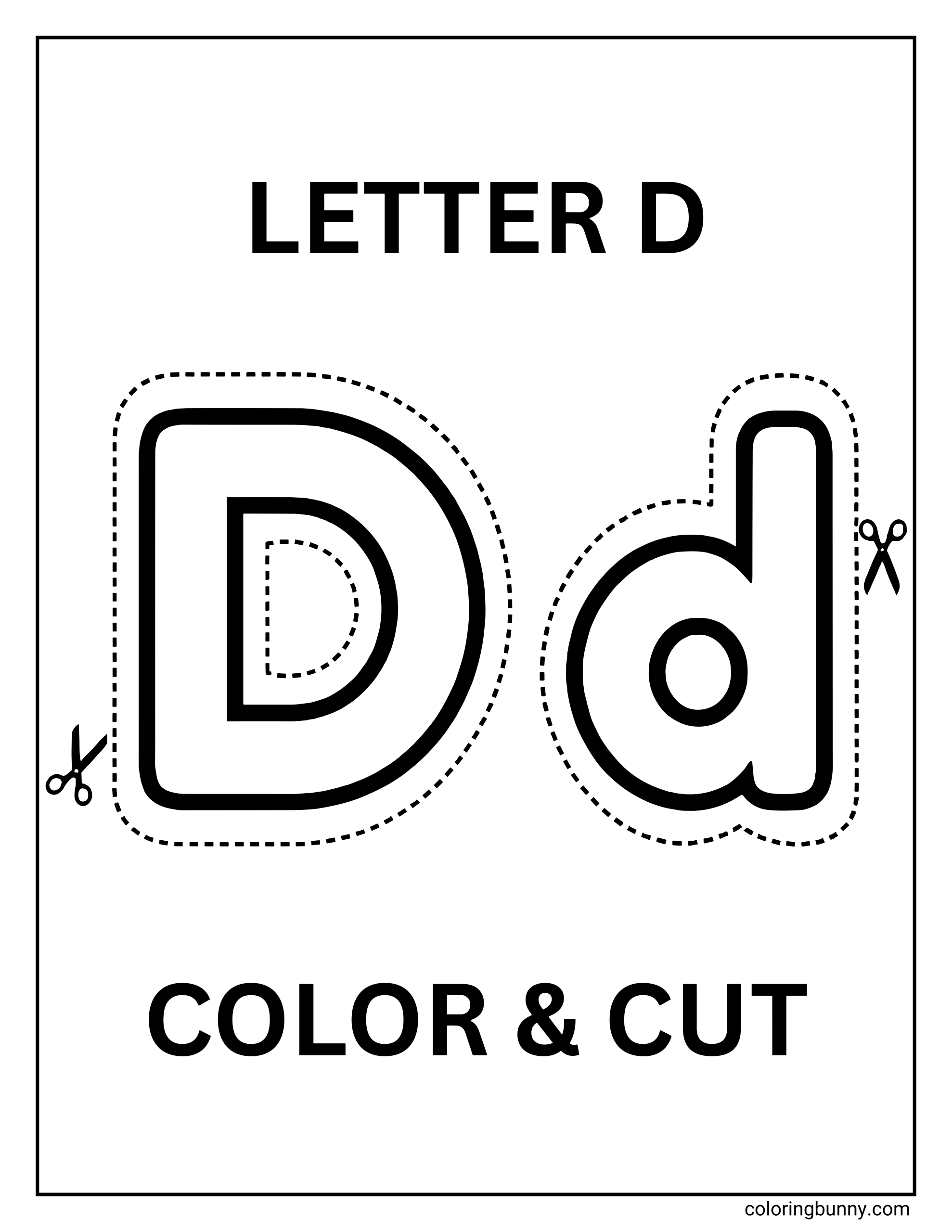 A Letter D color-and-cut activity page featuring large uppercase and lowercase D letters with bold outlines and dotted cut lines around each shape. Small scissors icons indicate where to cut.