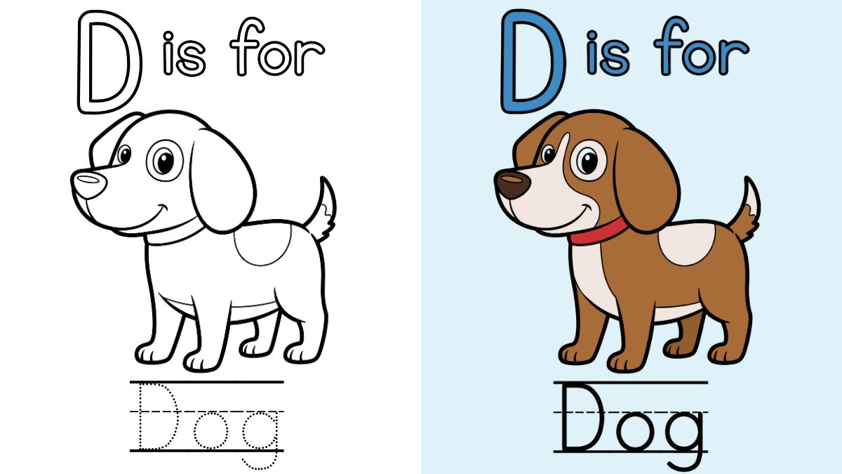 Letter D Coloring Pages with D is for Dog Word Tracing Worksheet