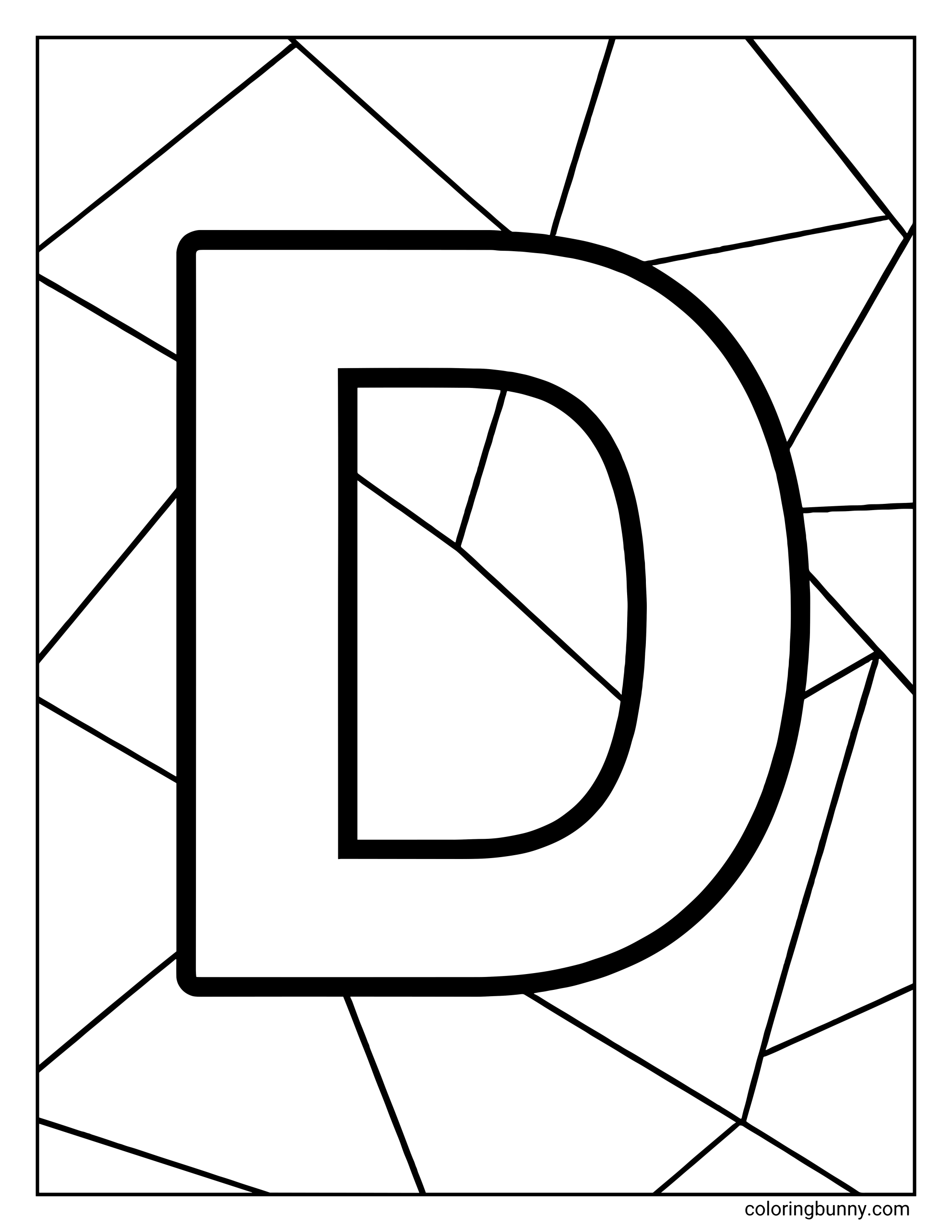 A Letter D coloring page featuring a large uppercase D centered on the page, set against a geometric background made of simple angular shapes and lines. The bold letter and patterned backdrop invite creative coloring while reinforcing letter recognition.