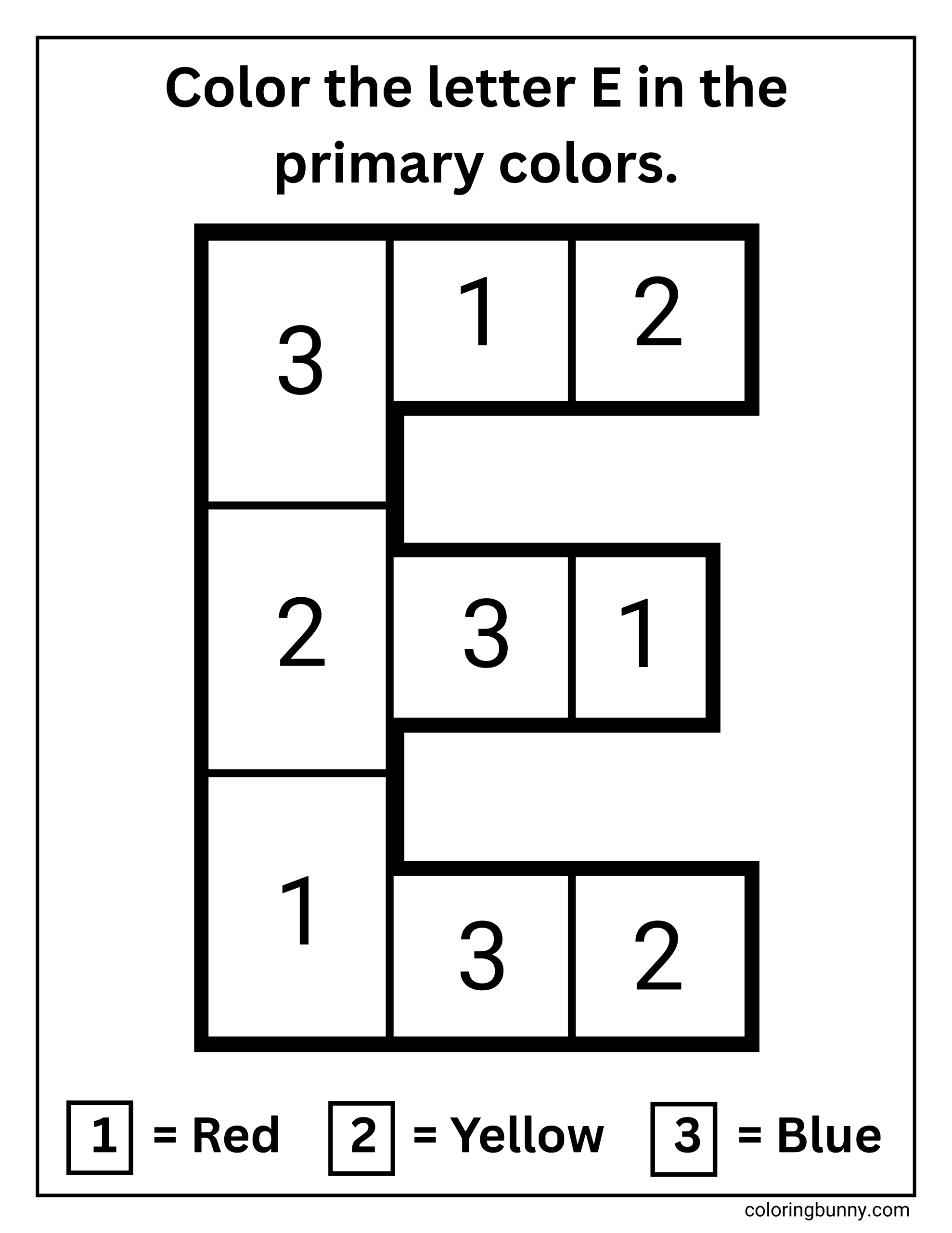 A Letter E color-by-number coloring page featuring a large uppercase E divided into numbered sections. Each number corresponds to a primary color, with a simple key showing 1 for red, 2 for yellow, and 3 for blue.