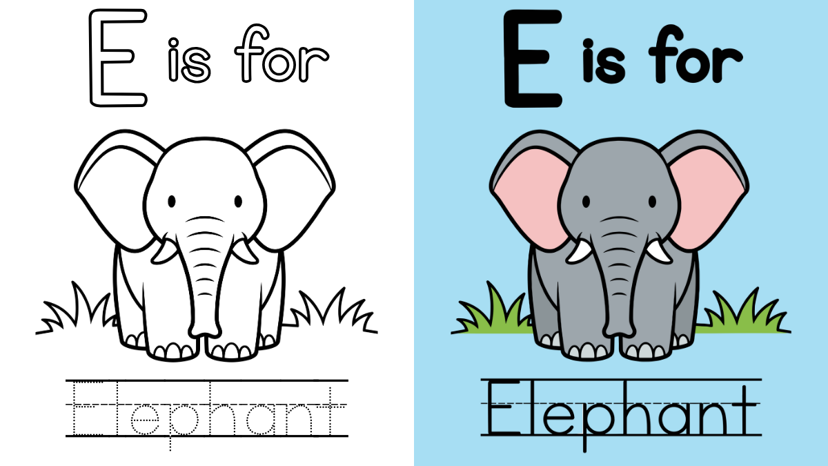 Letter E Coloring Pages with an E is for Elephant and tracing letters