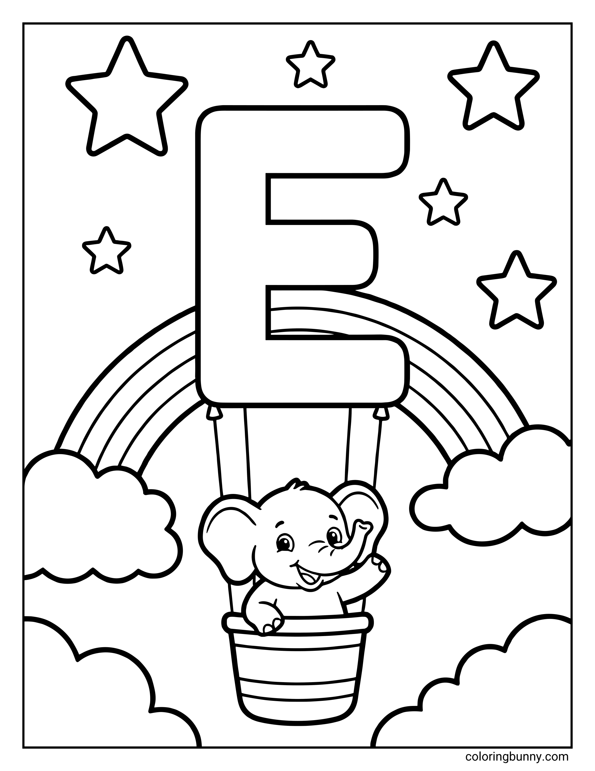 A Letter E coloring page featuring a large uppercase E floating like a hot air balloon, with a cute cartoon elephant riding in the basket below. The scene includes clouds, stars, and a rainbow in the background, with bold, friendly outlines that are fun and easy to color.