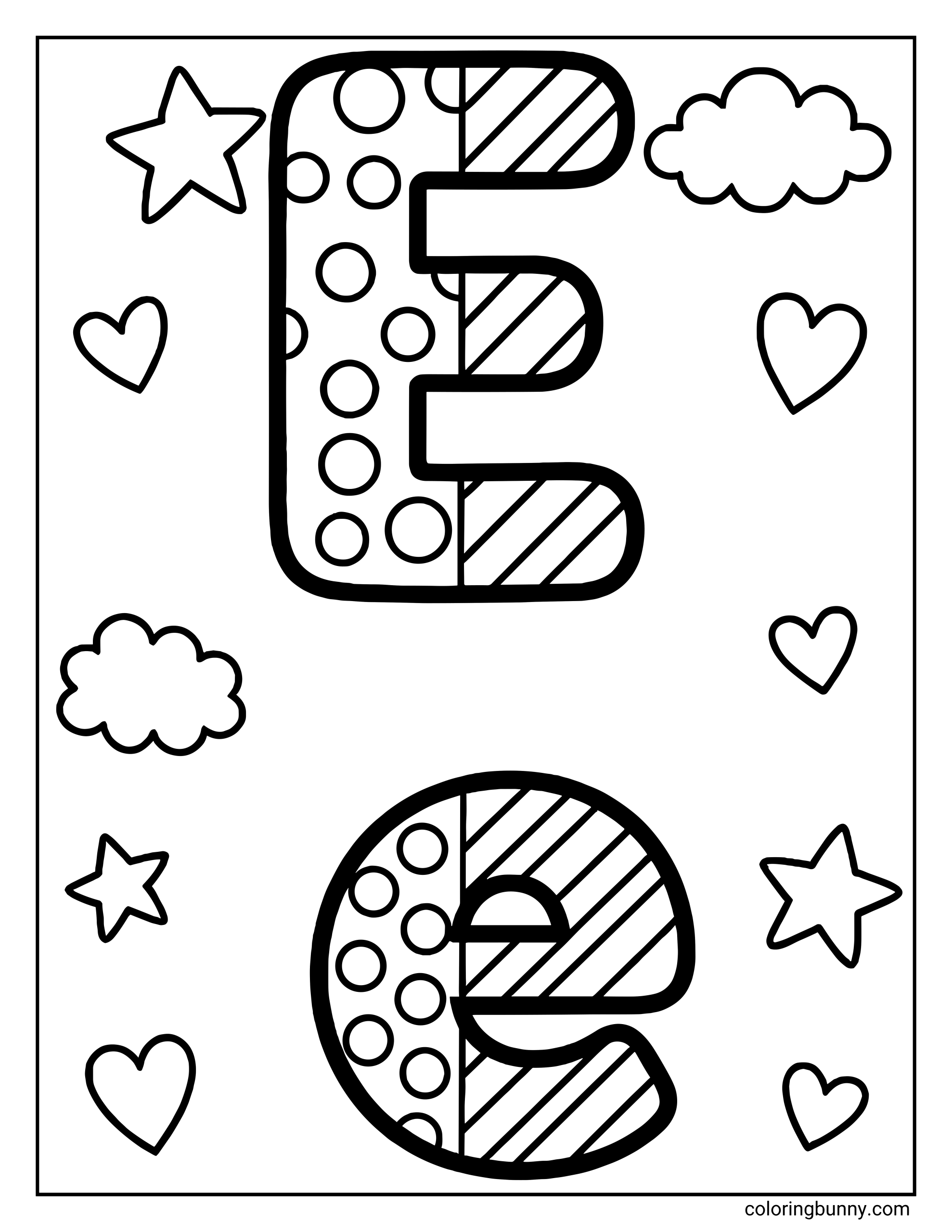 An uppercase and lowercase Letter E coloring page featuring a large patterned uppercase E and a matching lowercase e below it. The letters are filled with simple patterns, including dots and stripes, and are surrounded by playful shapes like stars, hearts, and clouds. Bold outlines make this page easy and fun to color.