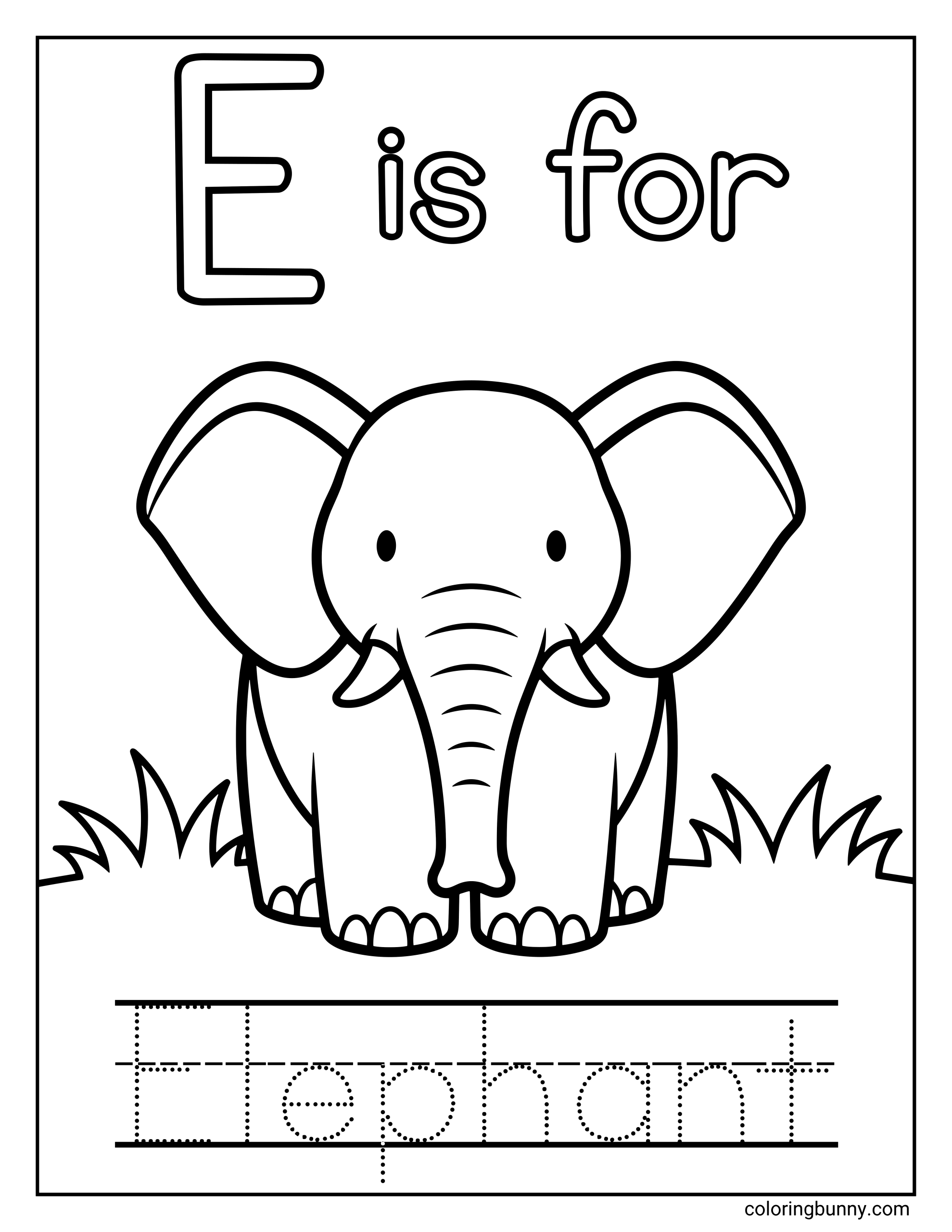 A Letter E coloring page featuring a large uppercase E with the words “E is for” at the top and a cute, friendly elephant standing in the center of the page. The elephant has big ears, a long trunk, and simple bold outlines that are easy to color. At the bottom, dotted tracing lines spell out the word “Elephant” for early handwriting practice.