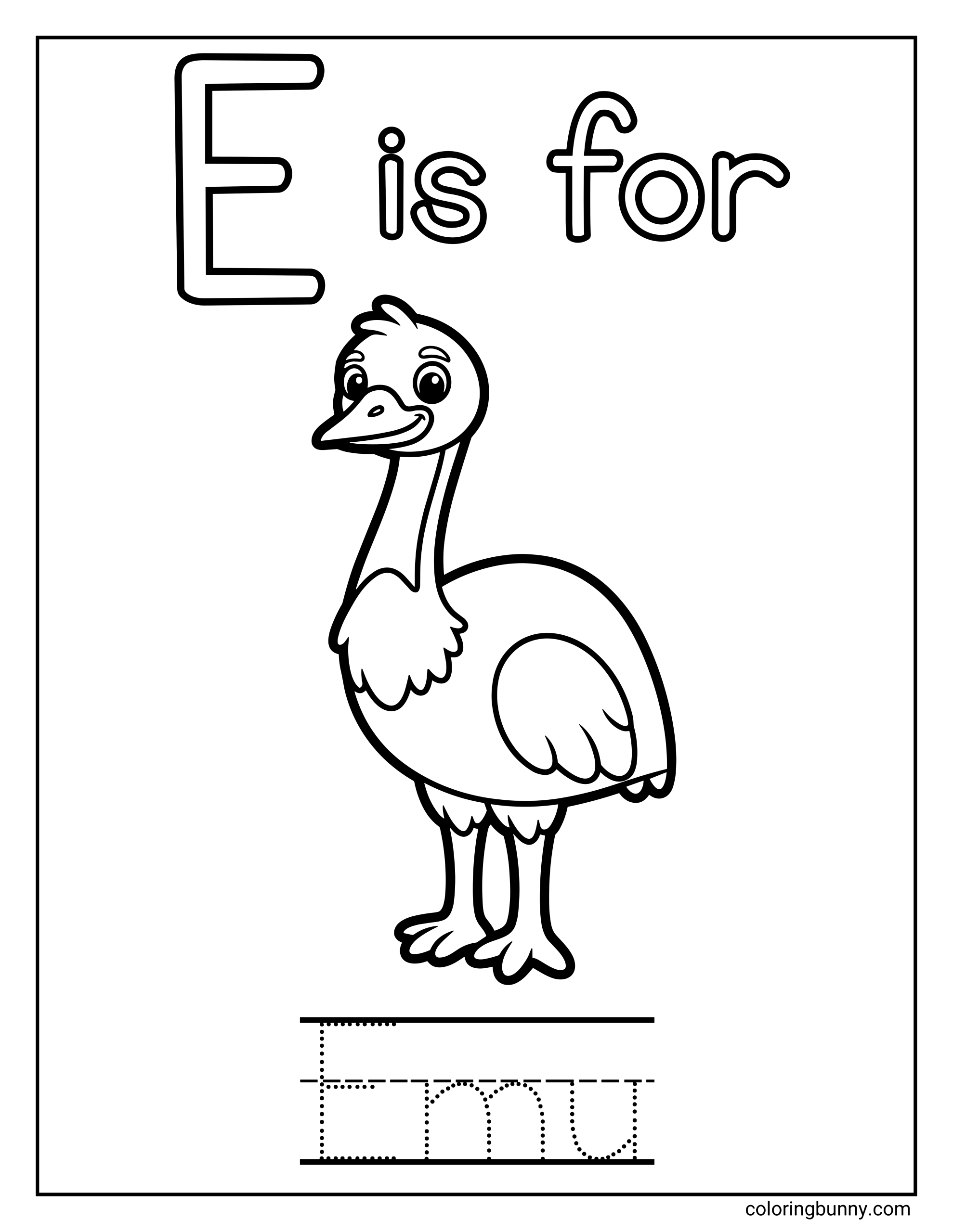 A Letter E coloring page featuring a large uppercase E with the words “E is for” at the top and a friendly emu standing in the center of the page. The emu has simple, bold outlines that are easy to color. At the bottom, dotted tracing lines spell out the word “Emu” to support early handwriting practice.