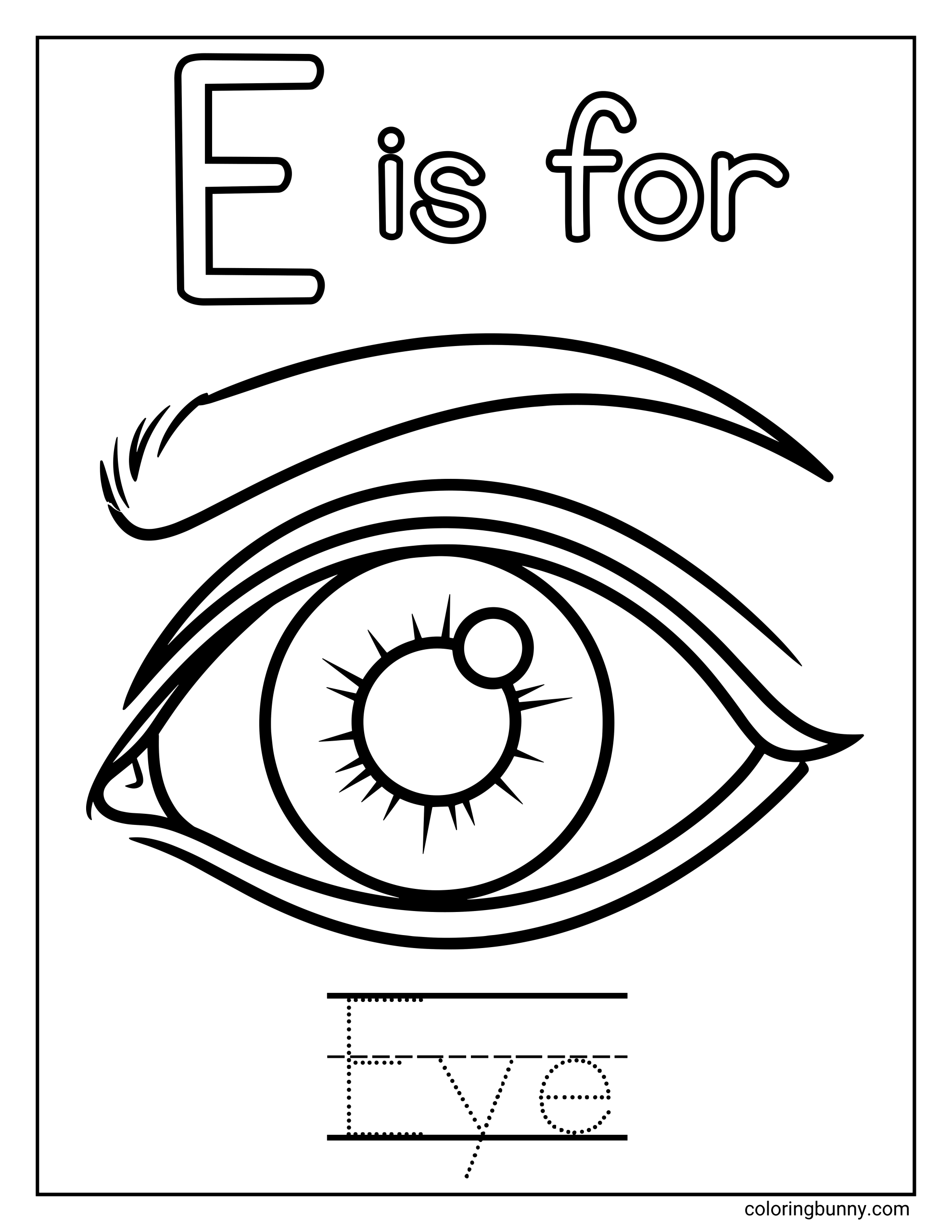 A Letter E coloring page featuring a large uppercase E with the words “E is for” at the top and a detailed illustration of an eye centered on the page. The eye is drawn with bold, clear outlines that are easy to color. At the bottom, dotted tracing lines spell out the word “Eye” to support early handwriting practice.