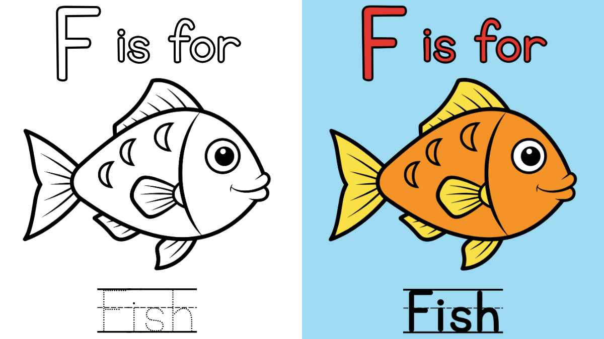Letter F Coloring Pages with an F is for Fish and Traced Word