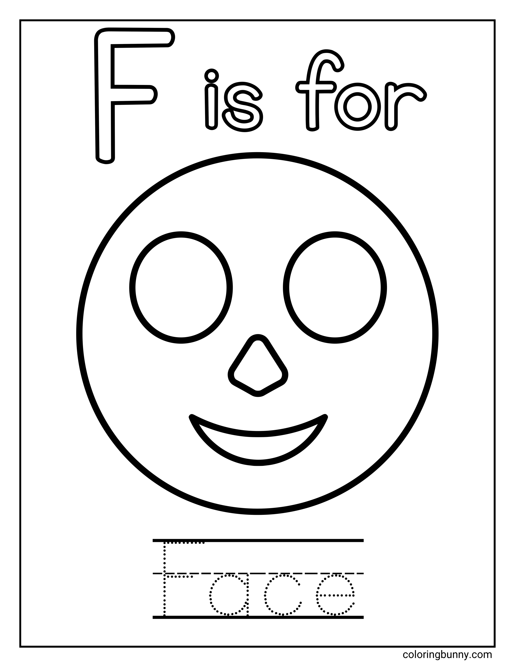 A Letter F coloring page featuring a large uppercase F with the words “F is for” at the top and a simple smiling face centered on the page. The face is drawn with bold, clean outlines and basic shapes that are easy to color. At the bottom, dotted tracing lines spell out the word “Face” to support early handwriting and letter recognition practice.