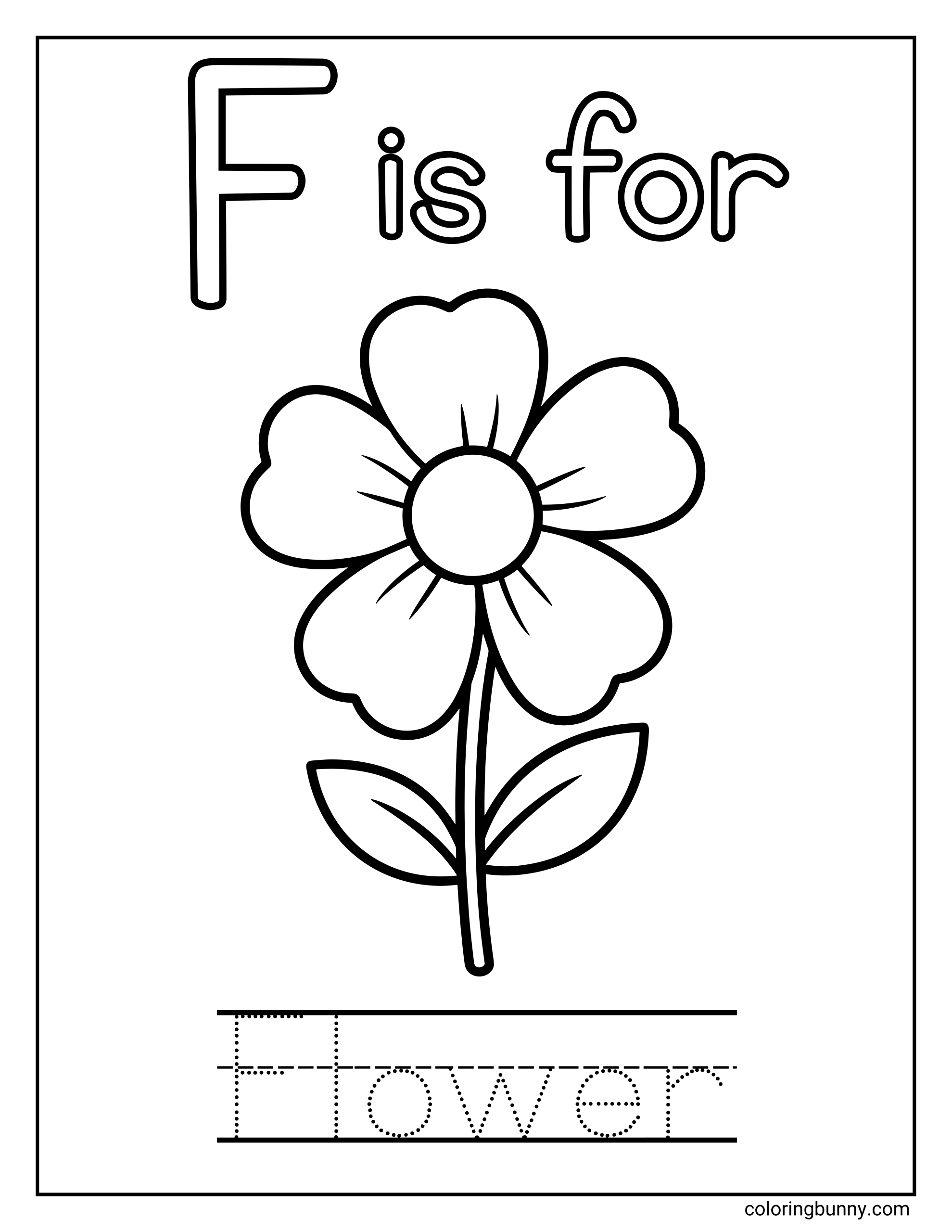 A Letter F coloring page featuring a large uppercase F with the words “F is for” at the top and a simple flower centered on the page. The flower is drawn with bold, clean outlines and rounded petals that are easy to color. At the bottom, dotted tracing lines spell out the word “Flower” to support early handwriting and letter recognition practice.