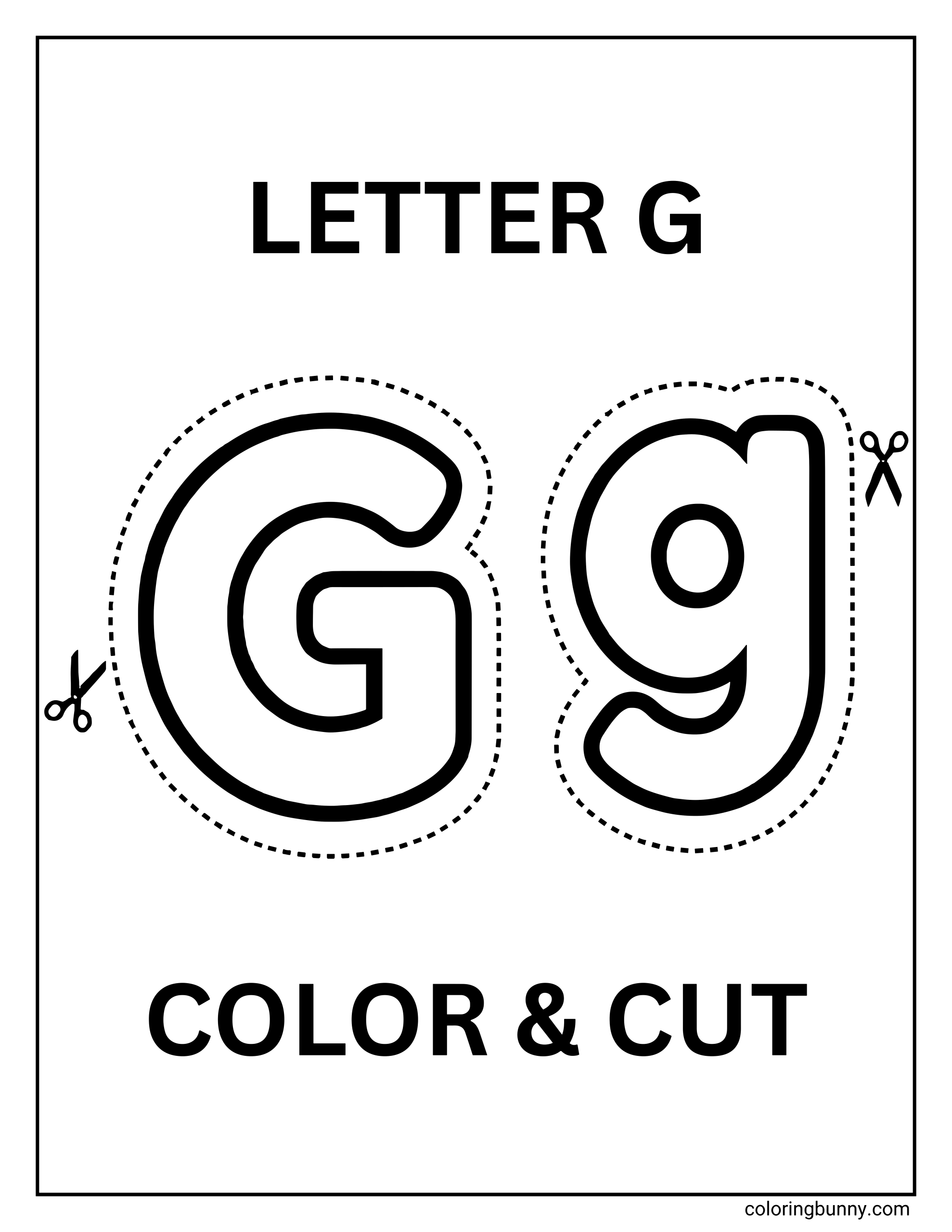 A Letter G color-and-cut activity page featuring a large uppercase G and lowercase g in the center, each outlined with a dotted cutting guide and small scissor icons. The page includes the heading “LETTER G” at the top and “COLOR & CUT” at the bottom.