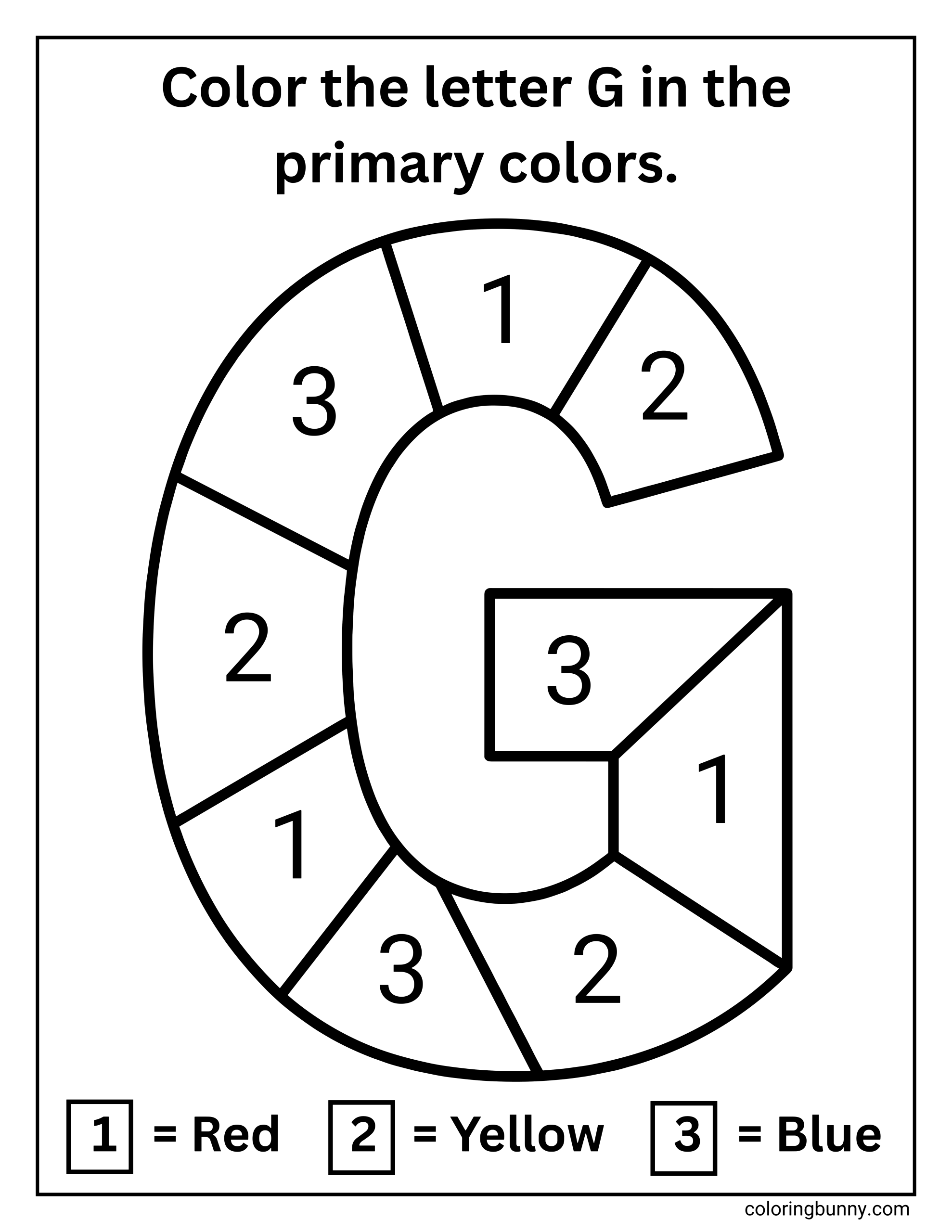 A Letter G color-by-number coloring page featuring a large segmented uppercase G. Each section is numbered to guide coloring using primary colors, with a key at the bottom showing 1 = red, 2 = yellow, and 3 = blue. The page combines letter recognition with simple color-by-number practice for early learners.