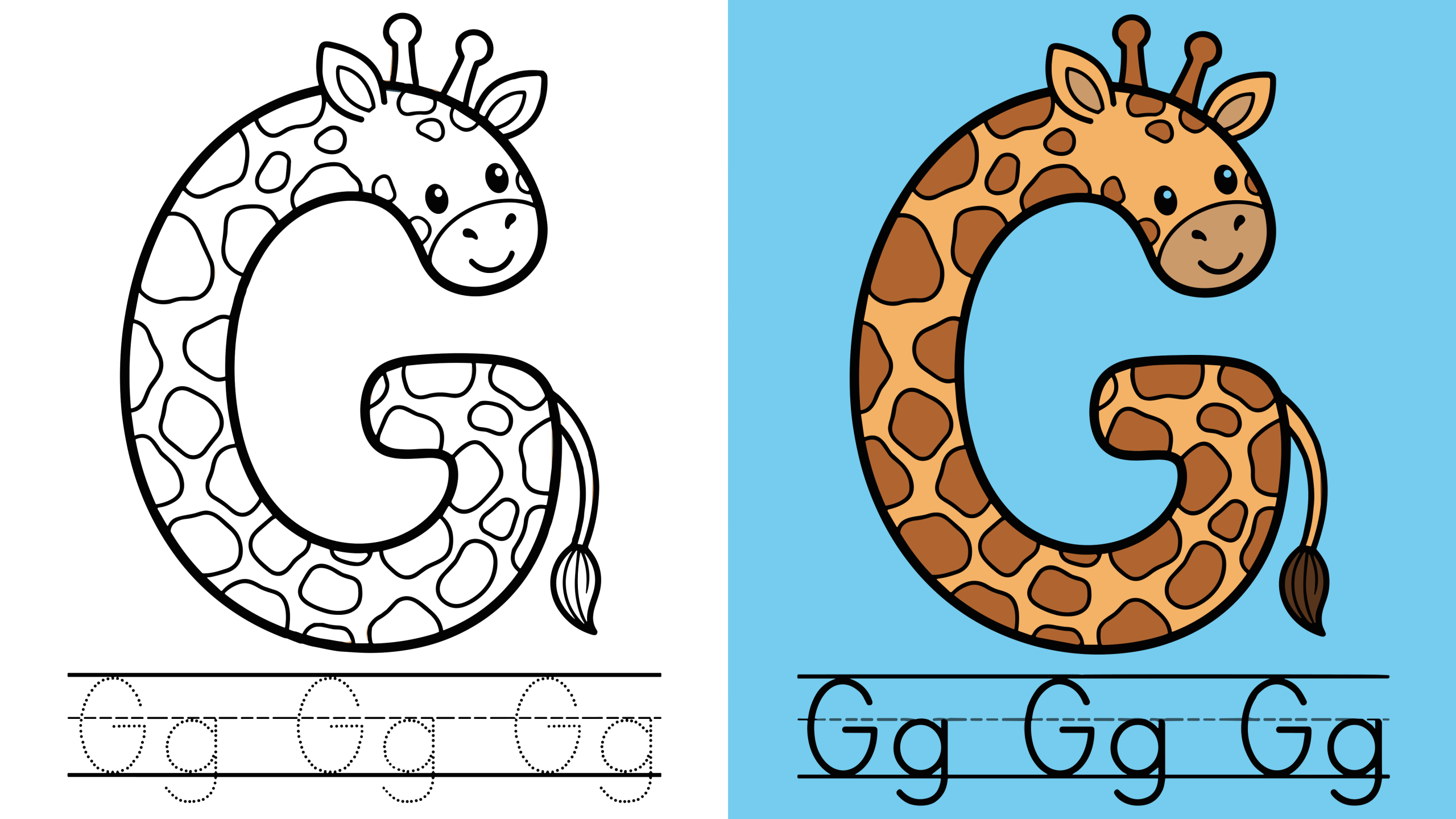 Letter G Coloring Pages showing a giraffe-shaped uppercase G with Gg tracing letters below
