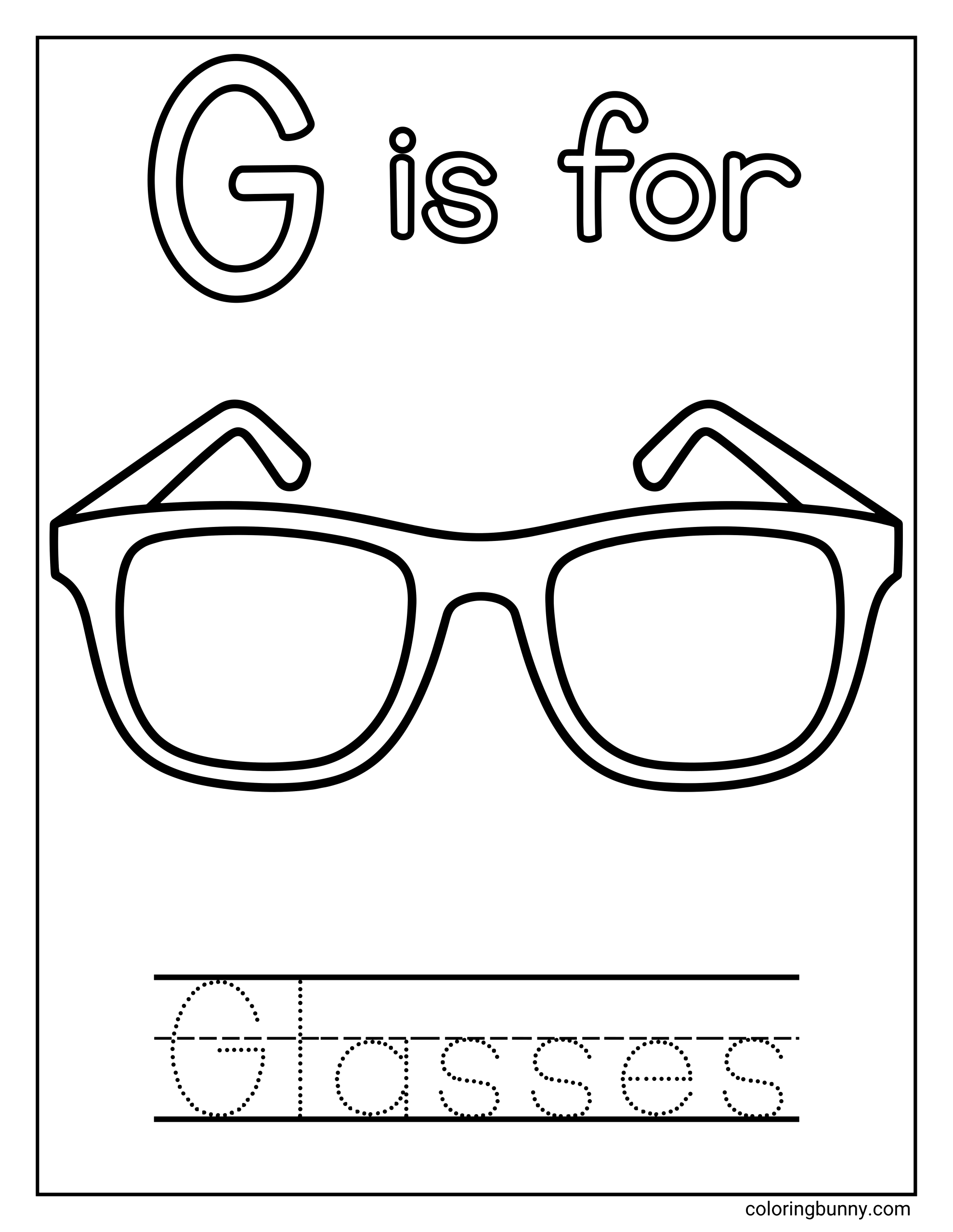 A simple “G is for Glasses” coloring page featuring a bold uppercase letter G at the top and a pair of large eyeglasses in the center, with the word “Glasses” written below in dotted letters for tracing and early letter practice.