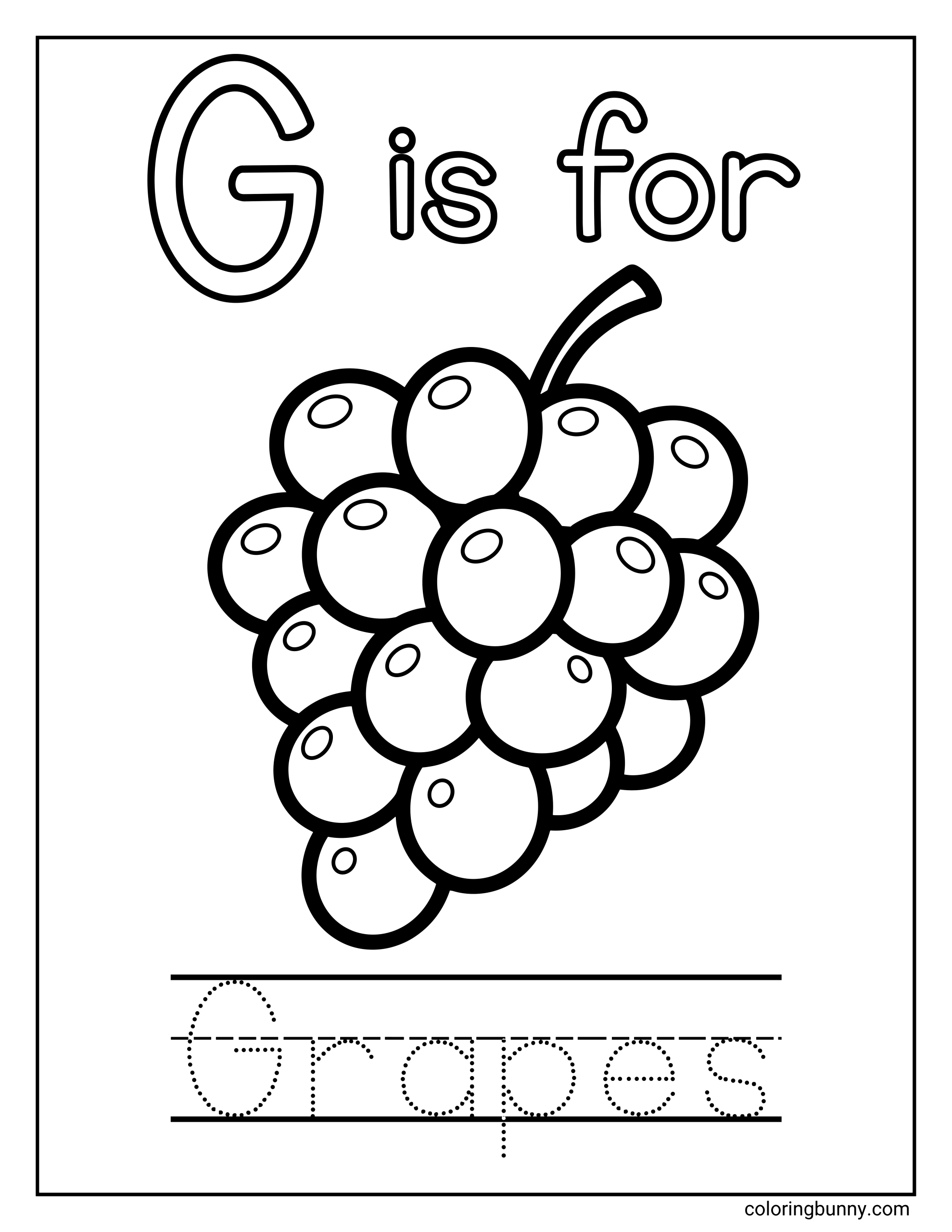 A Letter G coloring page featuring a large uppercase G with the words “G is for” at the top and a bunch of grapes in the center. The grapes are drawn with bold, rounded outlines that are easy to color. At the bottom, dotted tracing lines spell out the word “Grapes,” helping support letter recognition and early handwriting practice.