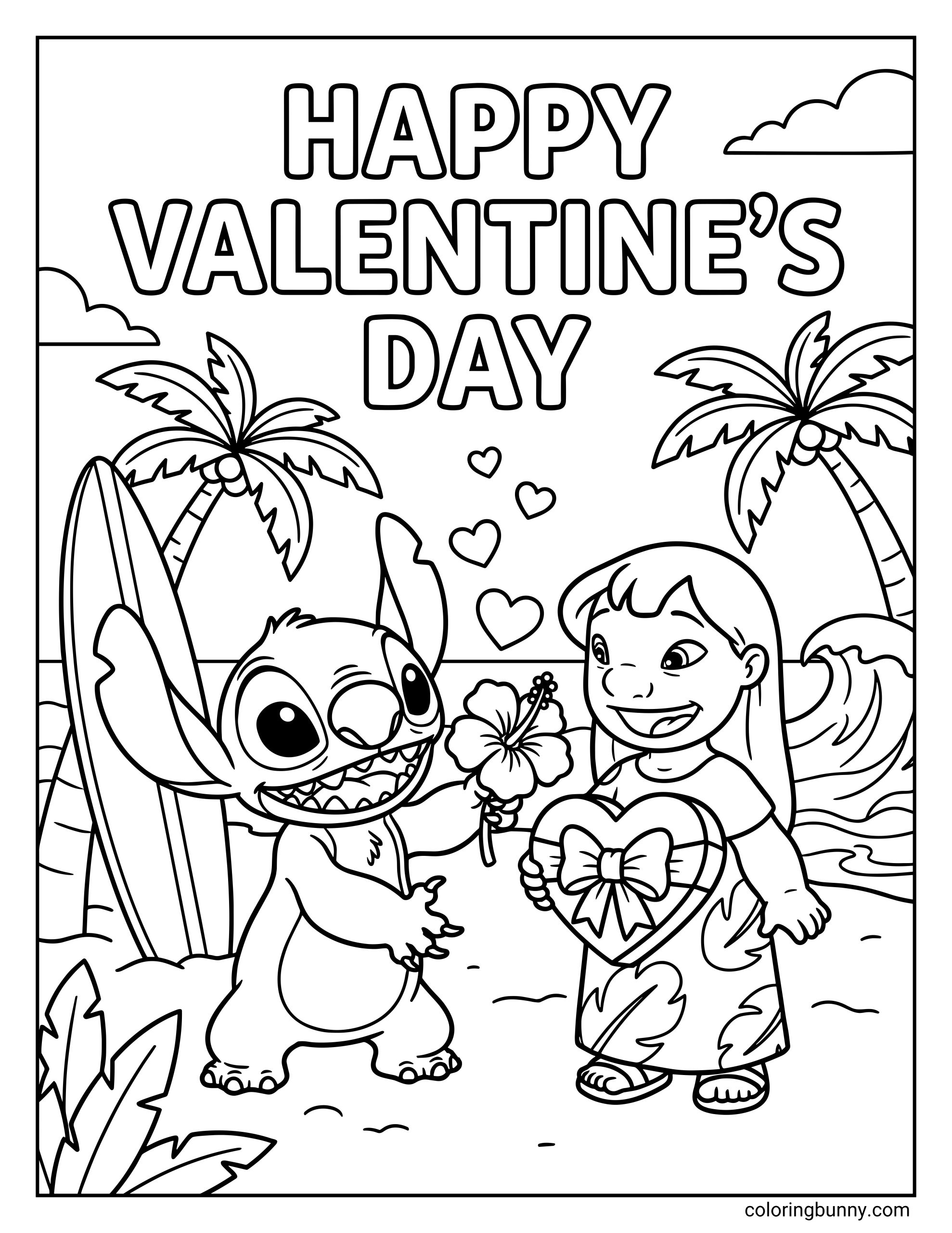 A Disney Valentine's coloring page illustration of Lilo and Stitch on a tropical beach. Stitch hands a flower to Lilo, who holds a heart-shaped box. Palm trees, a surfboard, and ocean waves fill the background under the heading "HAPPY VALENTINE'S DAY."