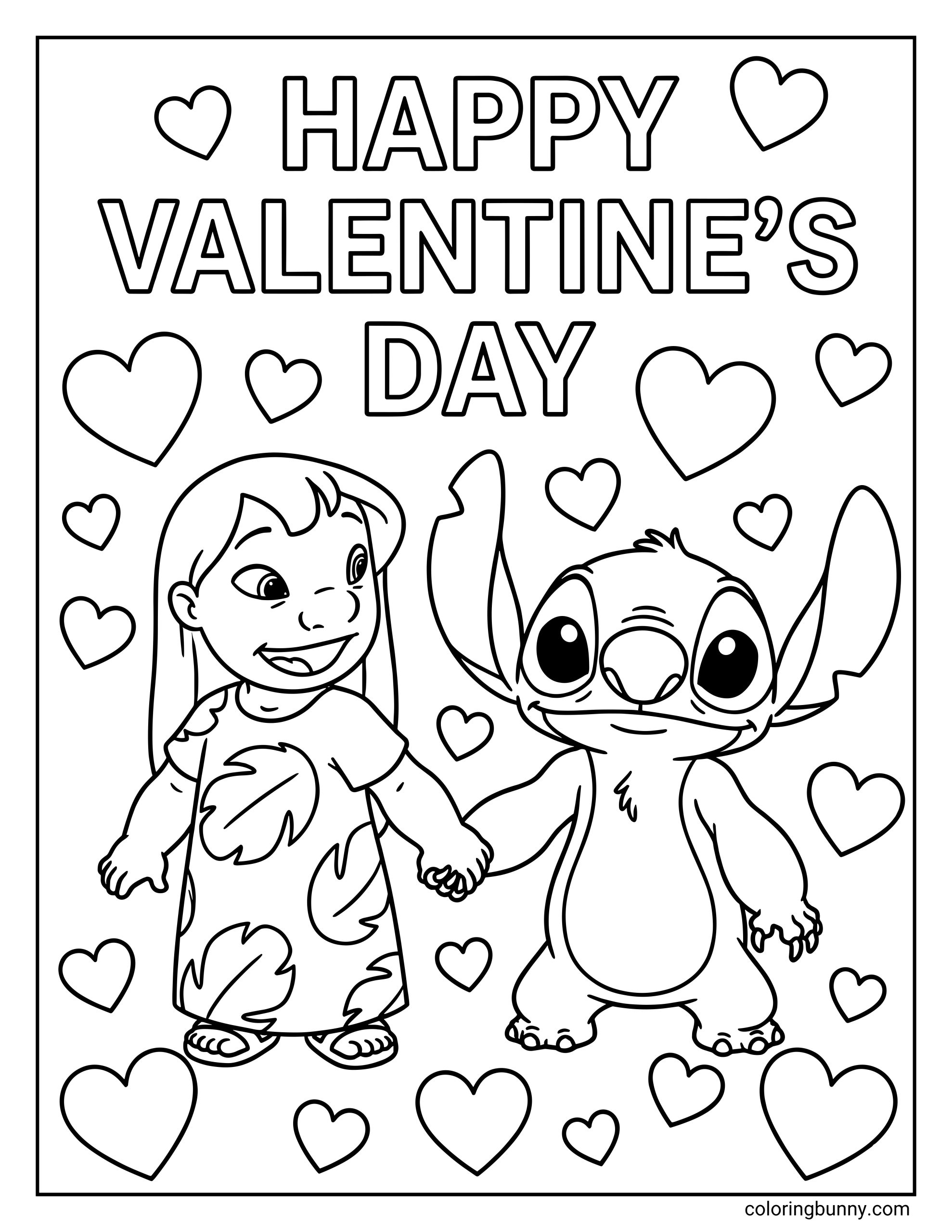 A Valentine’s Day coloring page of Lilo and Stitch holding hands, surrounded by floating hearts and a Happy Valentine’s Day message, perfect for kids to color and enjoy.