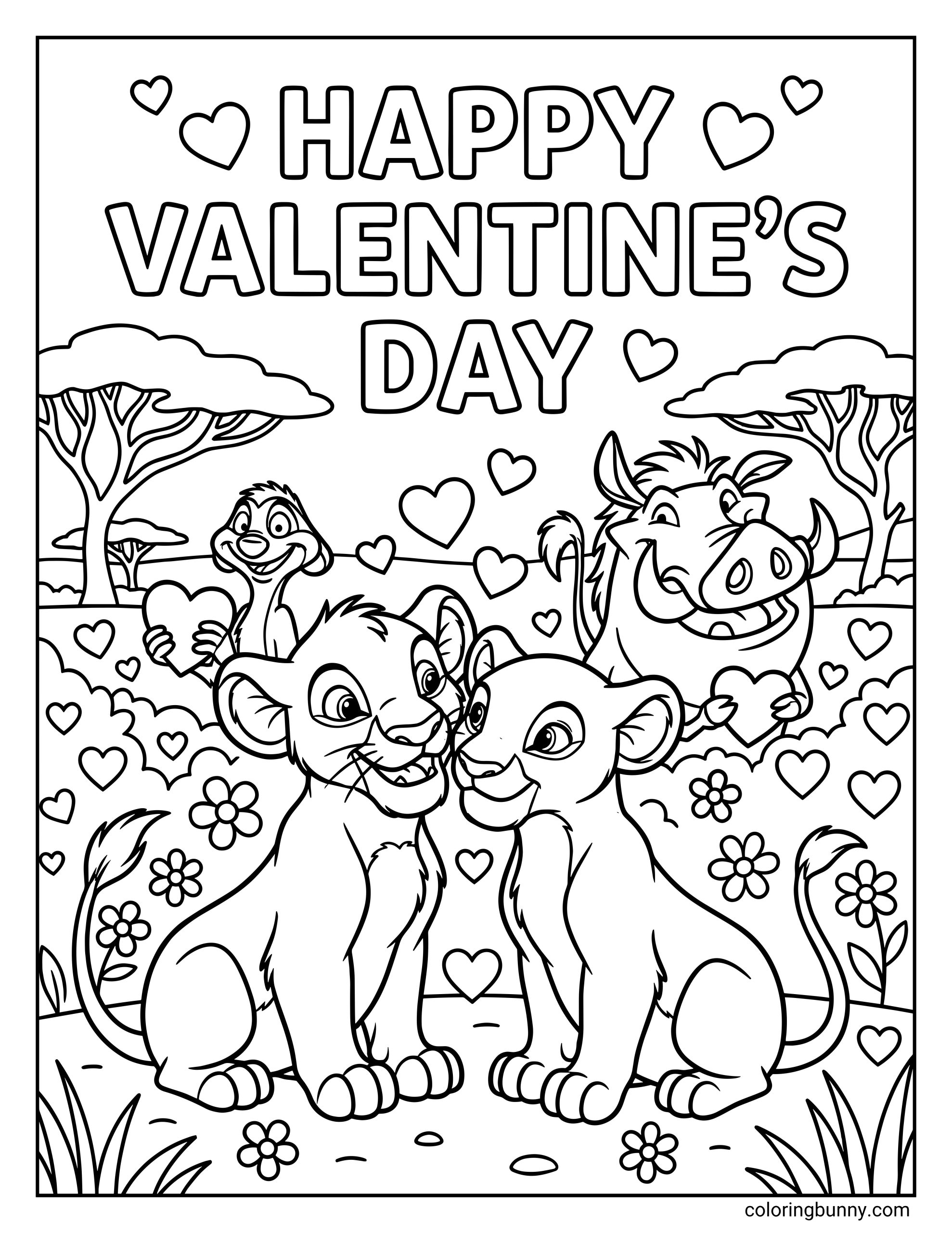 A coloring page of Simba and Nala nuzzling, with Timon and Pumbaa holding hearts in the background. Acacia trees, flowers, and floating hearts surround them beneath the text "HAPPY VALENTINE'S DAY."