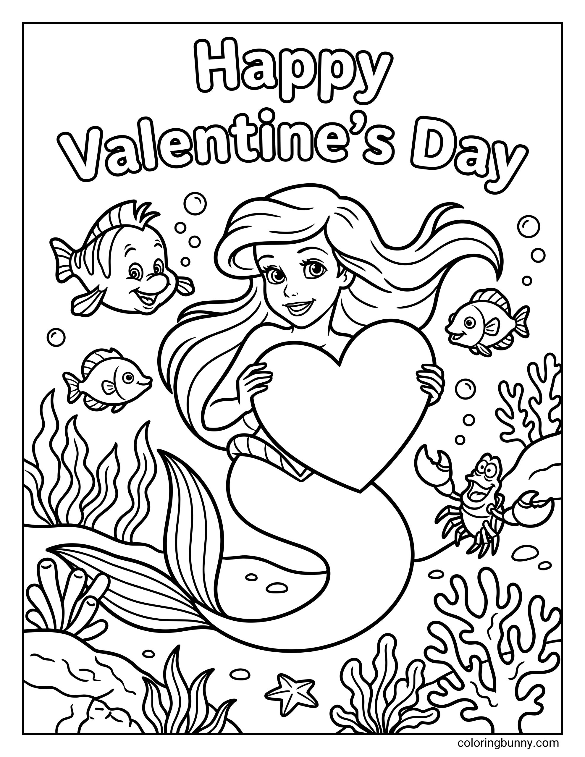 A Disney Valentine's Day coloring page of Ariel holding a heart underwater, with Flounder, Sebastian, and coral below the text "Happy Valentine's Day."