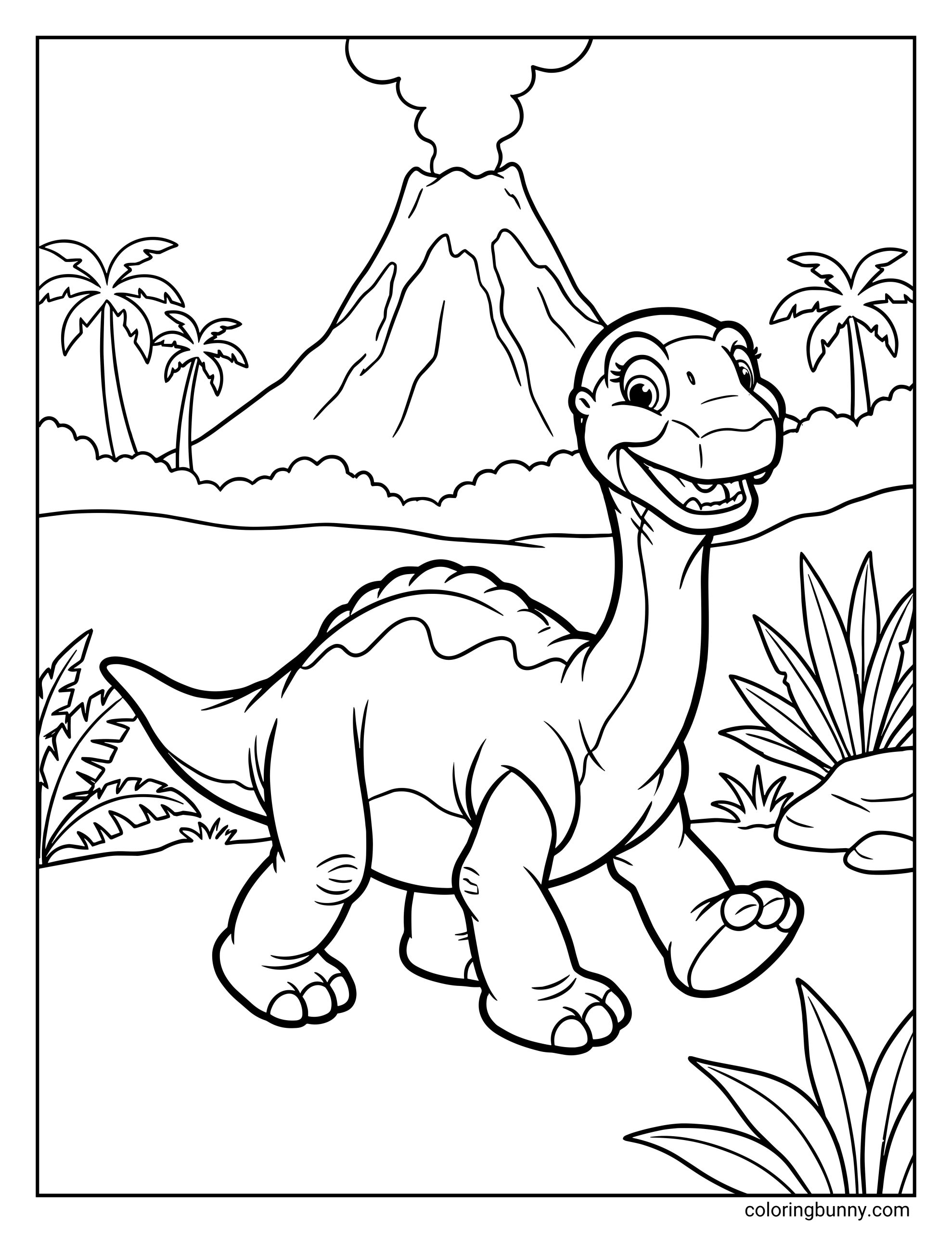 A Littlefoot dinosaur coloring page from The Land Before Time animated film showing the young Apatosaurus walking through a prehistoric valley with palm trees, leafy plants, and a volcano in the background, drawn in bold outlines.
