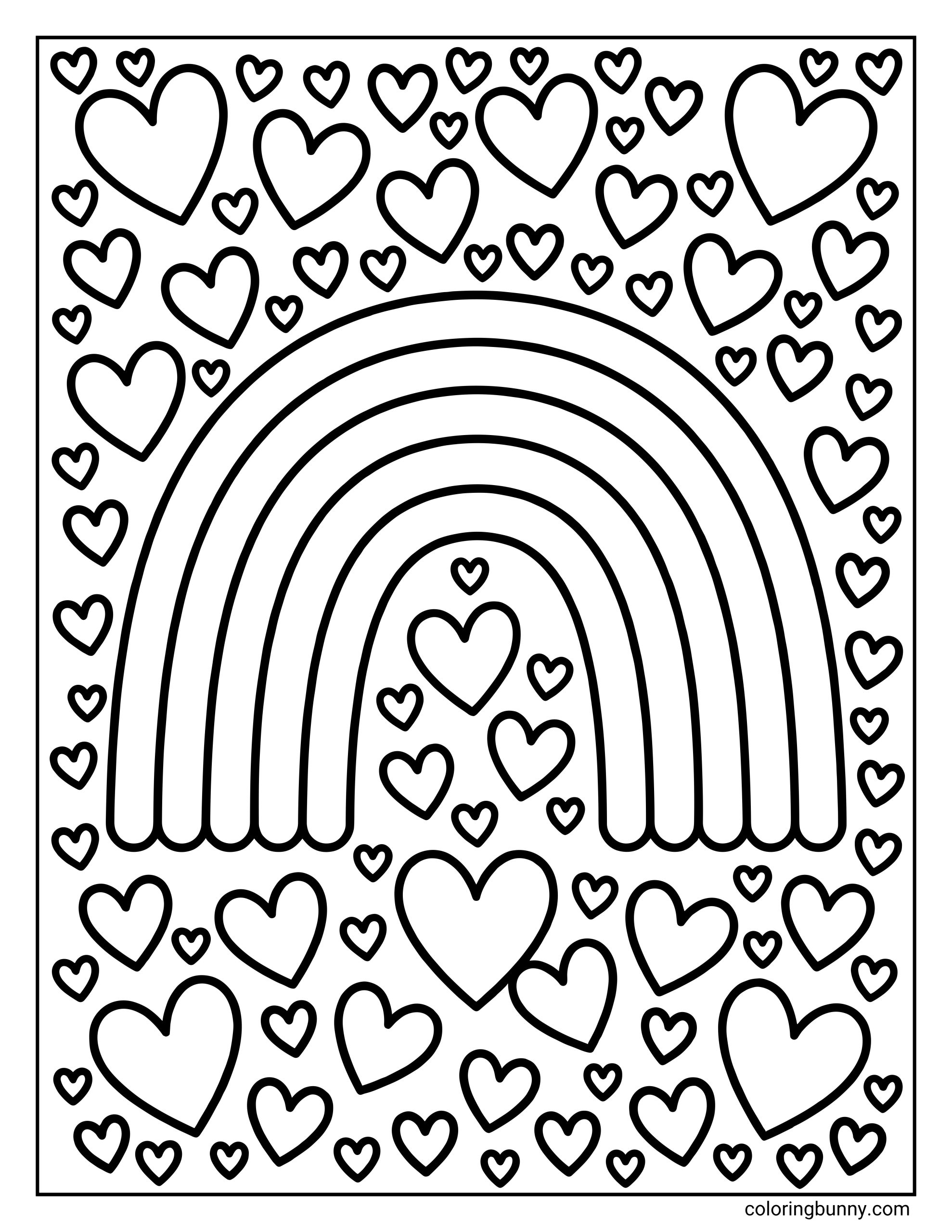 A kids hearts coloring sheet featuring a large arched rainbow centered amidst a background crowded with various sized hearts.
