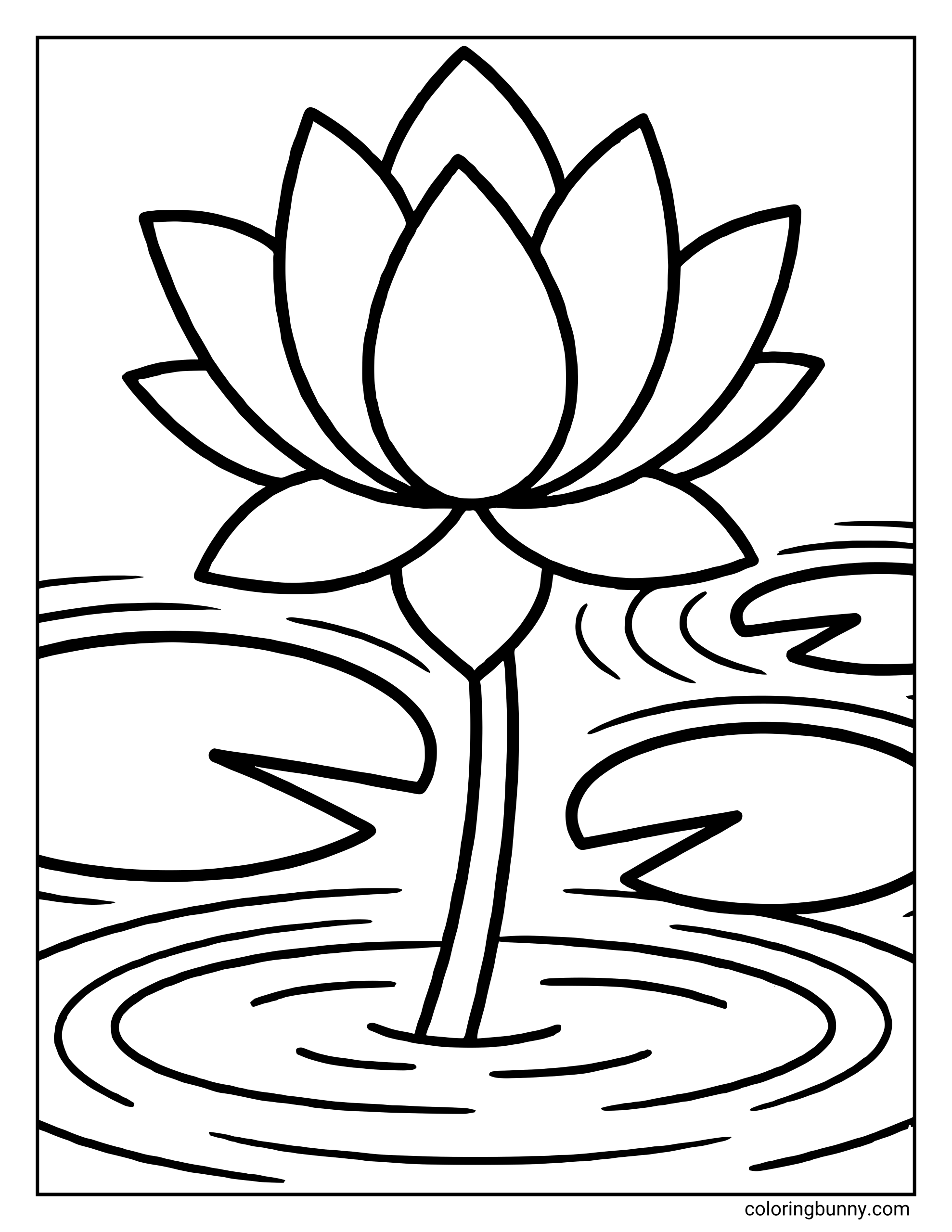 A simple lotus flower coloring page featuring a blooming lotus rising above water, with layered petals, a slender stem, lily pads, and gentle water ripples outlined in clean, bold lines.