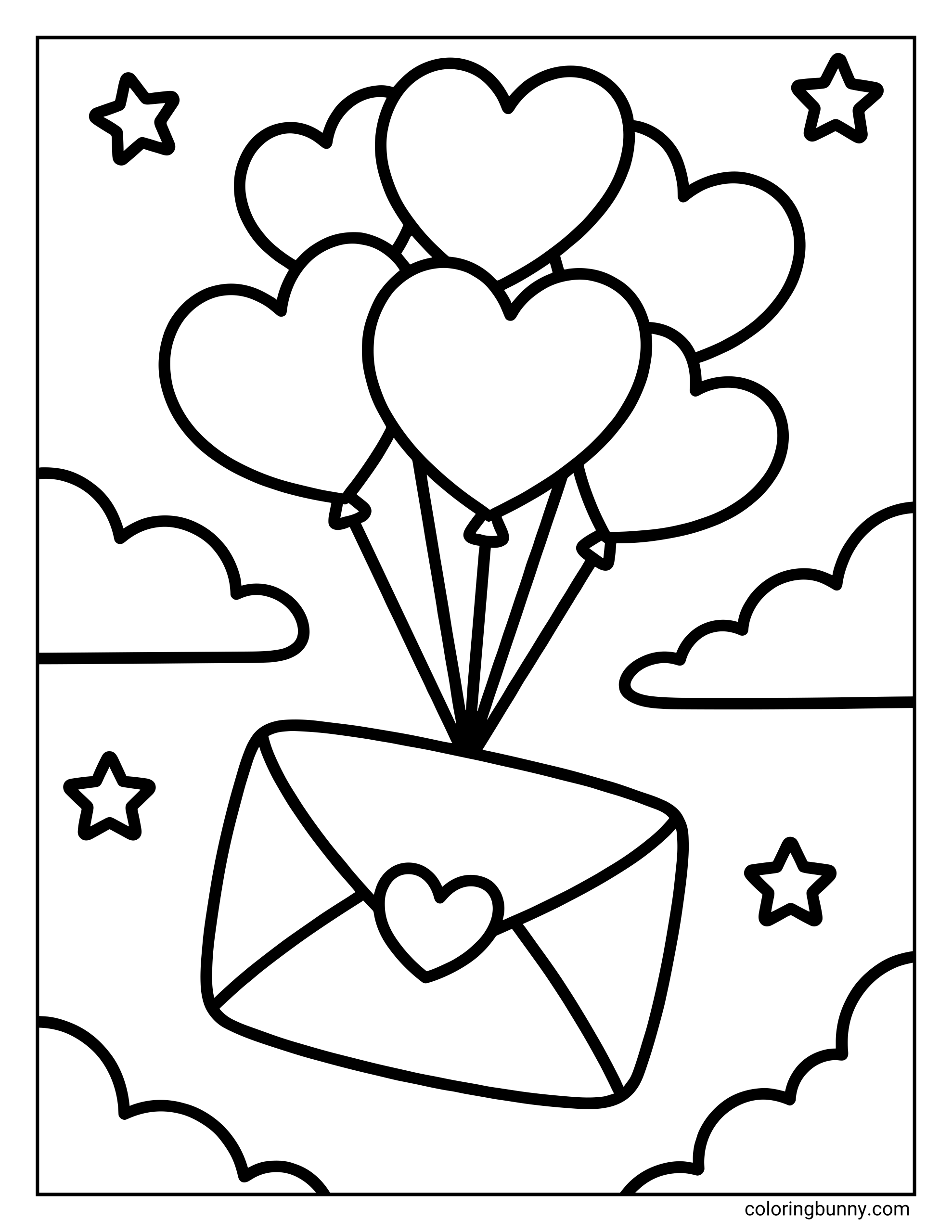 A heart coloring page showing an envelope with a heart seal being lifted into the sky by several heart-shaped balloons, surrounded by clouds and small stars in simple black-and-white outlines.