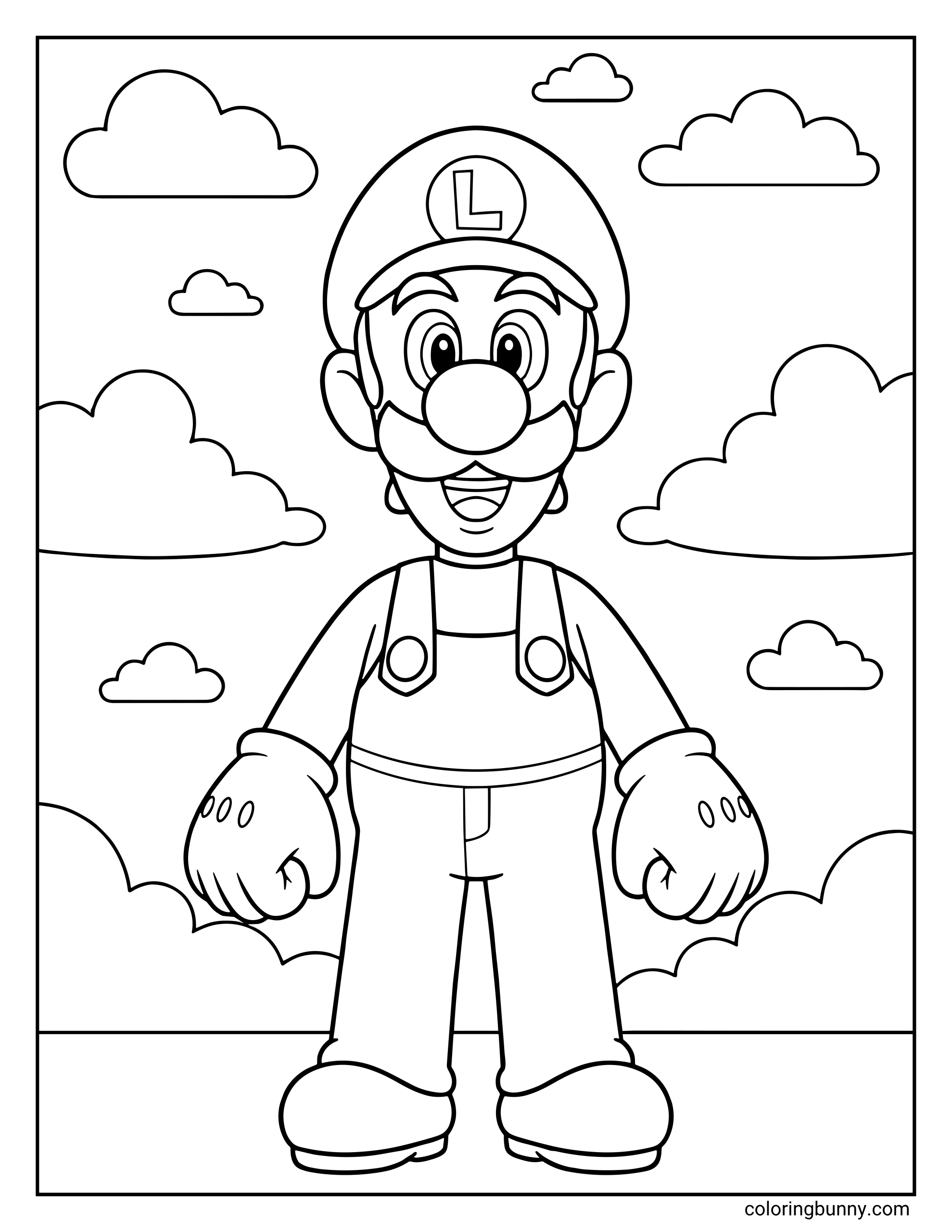 A simple Mario coloring page of Luigi standing with a cheerful expression and his fists clenched. He is centered in the frame against a backdrop of fluffy clouds.