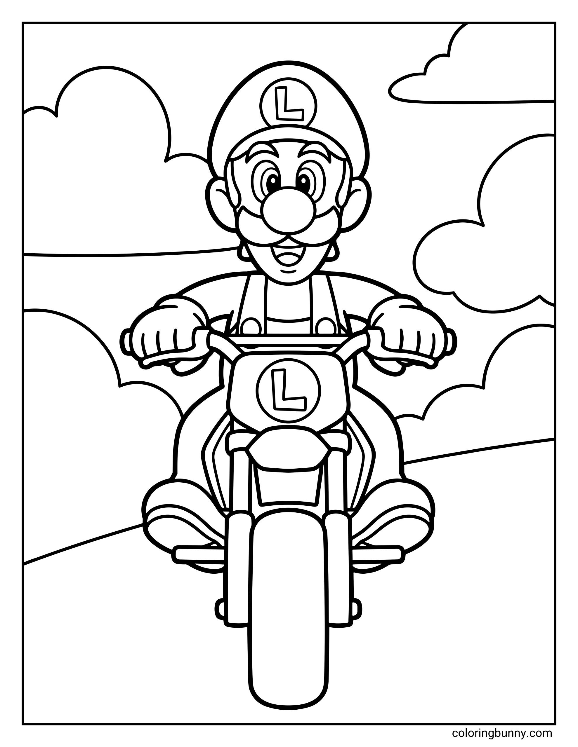 A Mario coloring page showing Luigi riding a motorcycle head-on toward the viewer. The bike features a prominent "L" logo on the front, and Luigi has a wide, excited smile as he drives along a path.