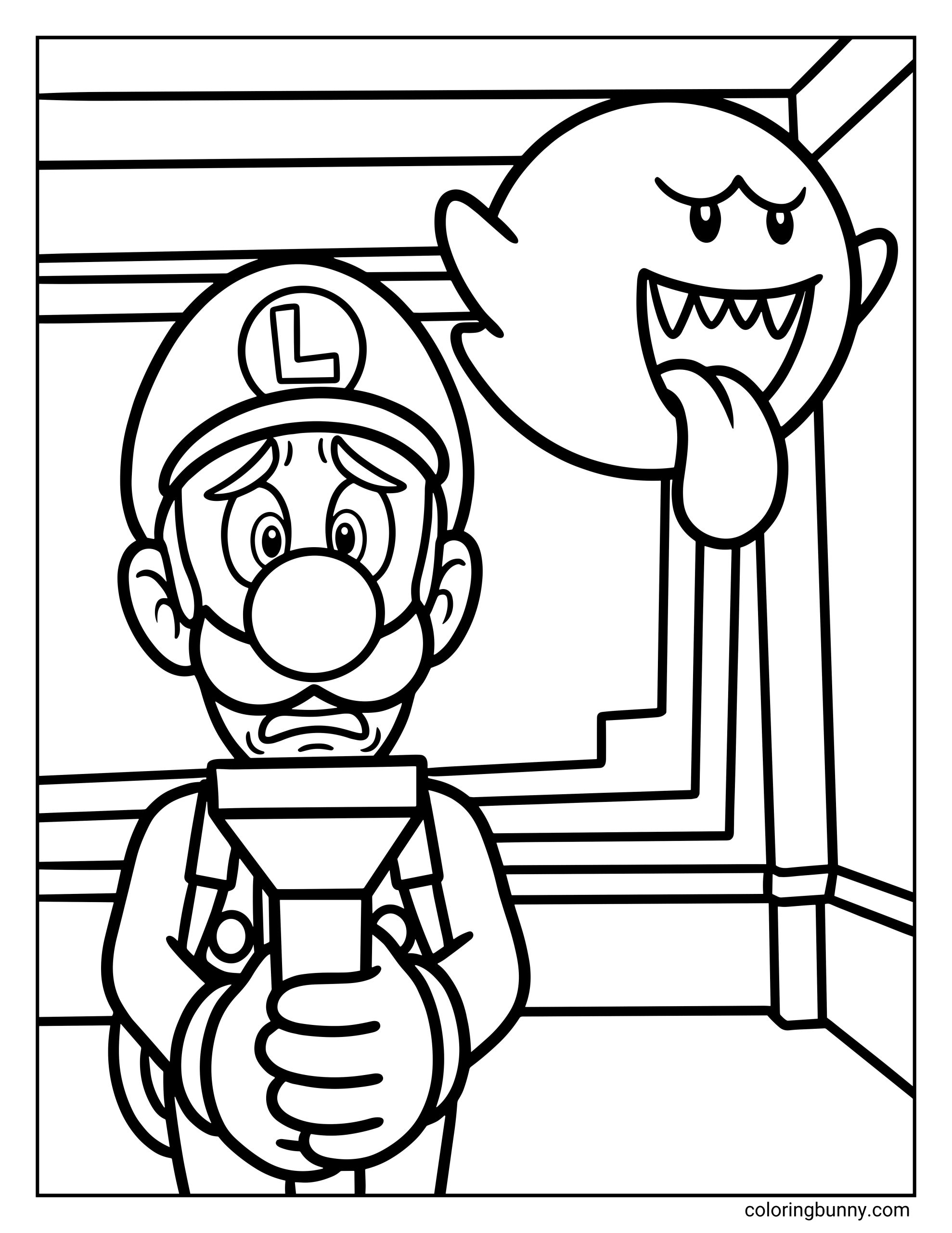 A Luigi and Boo coloring page from the Mario universe featuring Luigi standing nervously in a spooky mansion hallway while holding a flashlight. Behind him, Boo floats mischievously with a wide grin and tongue sticking out. The scene includes simple wall details and bold, clean outlines that highlight the contrast between Luigi’s worried expression and Boo’s playful scare tactics.