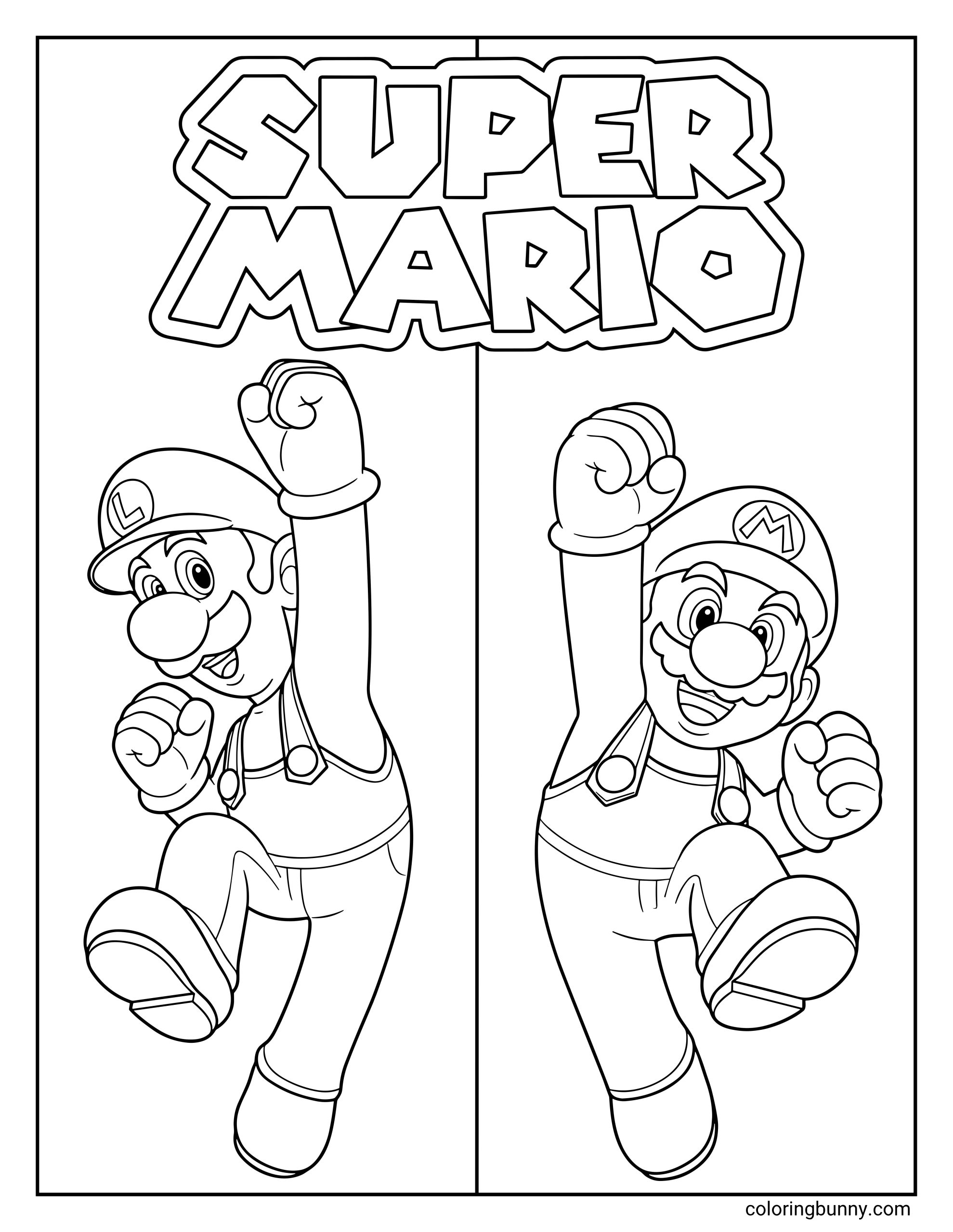 A coloring page featuring the Super Mario Bros., Luigi and Mario, jumping into the air with their fists raised in a victory pose. The "SUPER MARIO" logo sits prominently at the top, with a vertical line separating the two brothers into their own panels.