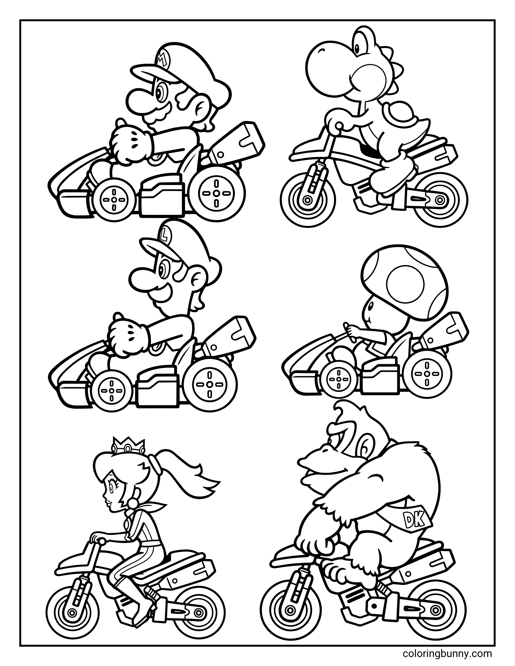 A Mario Kart coloring page featuring six Mushroom Kingdom racers in two columns, with Mario, Luigi, and Princess Peach on the left, and Yoshi, Toad, and Donkey Kong on the right. The characters are split between driving sleek go-karts and fast motorbikes as they prepare for a race.