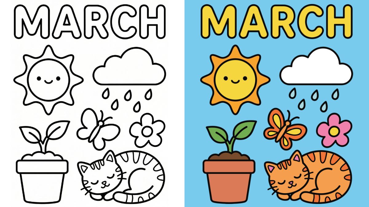March Coloring Pages with a simple sun, rain cloud, plant pot, butterfly, flower and cat